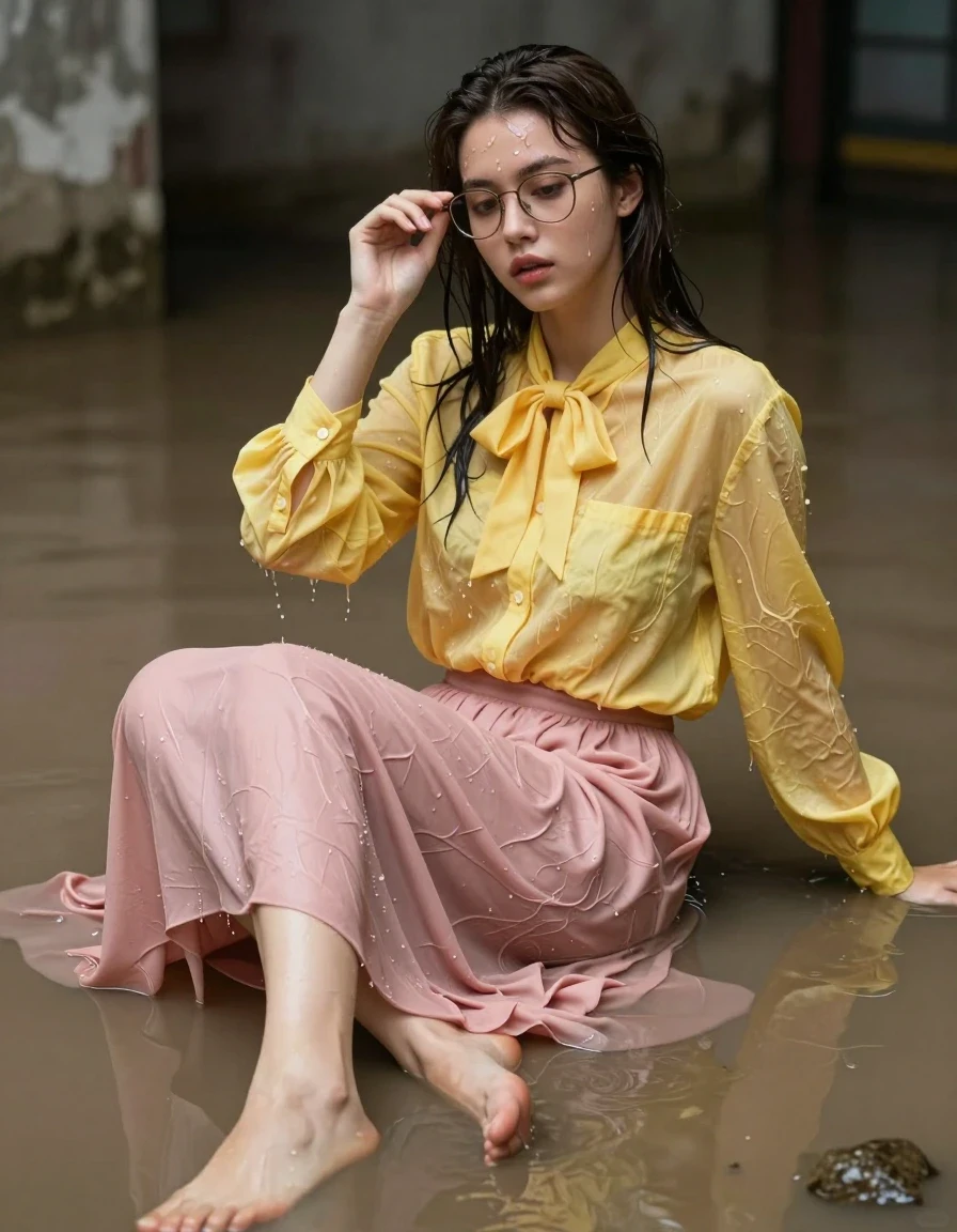 photo of young woman, in soaking wet, drenched clothes,
Barefeet, oversized pink maxi skirt, yellow oversized long sleeved buttoned down blouse, bowtie, flooded basement, 
enjoying, wet clothes stuck to body,
detailed textures of the wet clothes, wet face, wet plastered hair,
wet, drenched, professional, high-quality details, full body view.
sharp focus, ultra-high pixel detail, realistic, high-quality, full colors, incredibly detailed, 4k, 8k, 16k, hyper-realistic, RAW photo, masterpiece, ultra-detailed, professionally color graded, professional photograph, sitting in the water chilling, nerdy look, wet skin, wet clothes, damp fabric