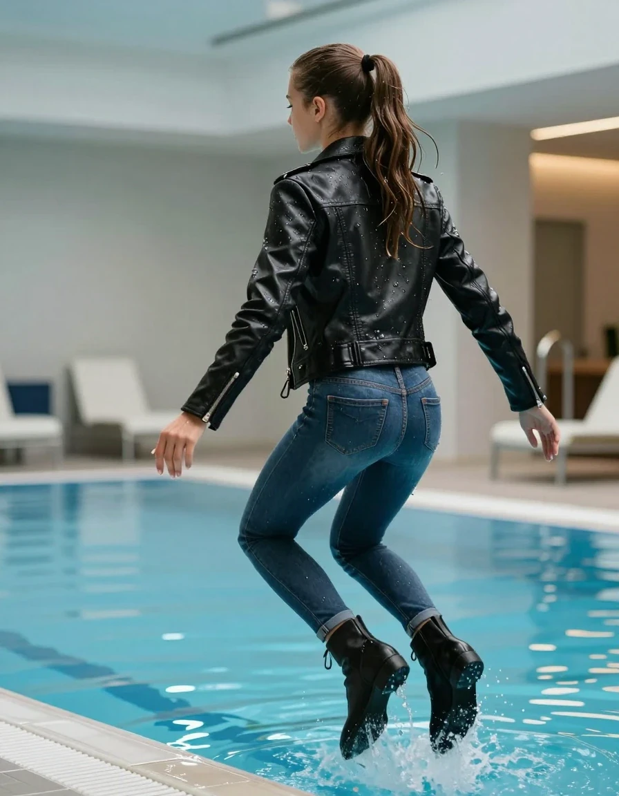 photo of young woman, in soaking wet, drenched clothes,
Ankle boots, Skinny jeans, Black biker leatherjacket , indoor pool, 
enjoying, wet clothes stuck to body,
detailed textures of the wet clothes, wet face, wet plastered hair,
wet, drenched, professional, high-quality details, full body view.
sharp focus, ultra-high pixel detail, realistic, high-quality, full colors, incredibly detailed, 4k, 8k, 16k, hyper-realistic, RAW photo, masterpiece, ultra-detailed, professionally color graded, professional photograph, View from behind: A 15-years-old teenage girl with sleek ponytail is jumping into the pool fully clothed. She press her knees together, wet skin, wet clothes, damp fabric, wet skin, wet clothes, damp fabric, wet skin, wet clothes, damp fabric