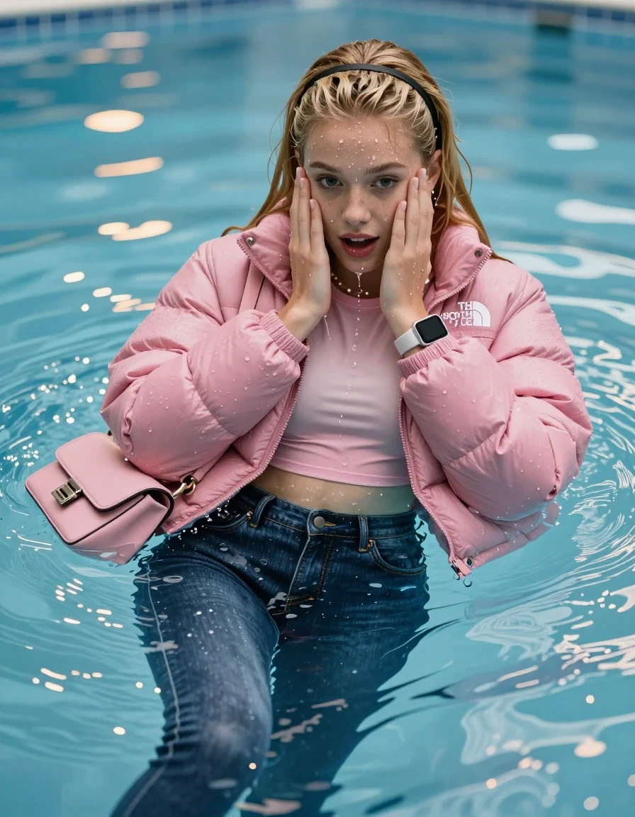 photo of young woman, in soaking wet, drenched clothes,
, Glistening soaked tight skinny jeans, Glistening soaked pink Puffer down jacket from north face, tight sexy tshirt with wide neckline belly free, shoulderbag, pearl necklace, smartwatch , Pool, 
enjoying, wet clothes stuck to body,
detailed textures of the wet clothes, wet face, wet plastered hair,
wet, drenched, professional, high-quality details, full body view.
sharp focus, ultra-high pixel detail, realistic, high-quality, full colors, incredibly detailed, 4k, 8k, 16k, hyper-realistic, RAW photo, masterpiece, ultra-detailed, professionally color graded, professional photograph, A realistic vertical fashion photograph of an  15-year-old german teenage Girl lying after a dip submerged in a clear blue swimming pool. 
Complete wet plastered hair. Blonde  sleek long straight hair with a hairband with water cascading down her clothes. Shy and astonished. Slightly smile. Looking at camera. Hold her hands over her face. Open mouth, big eyes. She soak her shoulderbag in the water. The girl is positioned in the center of the frame, her head and shoulders visible above the shimmering water surface, while her body and legs are submerged below. Natural sunlight creates sparkling reflections on the water's surface. High-quality fashion photography, sharp focus on her face, cinematic lighting.
The lighting is bright and cinematic, highlighting the glistening water droplets on her skin and the saturated texture of her clothes.

her clothes are heavy from the water, water runs from her body and her clothes in streams. A lot of water also runs out of her clothes. Her clothes are darkened by the water. Her submerged clothes are clinging wet. 
soft atmospheric lighting reflecting off the surface, cinematic medium shot, hyper-realistic wetness, high-contrast water sheen, 8k resolution, sharp focus, wet skin, wet clothes, damp fabric, wet skin, wet clothes, damp fabric, wet skin, wet clothes, damp fabric