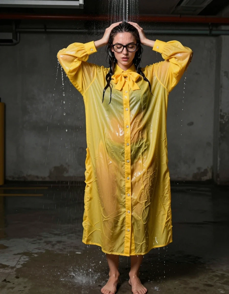 photo of young woman, in soaking wet, drenched clothes,
Barefeet, glasses, yellow extremely oversized long sleeved maxi buttoned down dress, bowtie, glasses, yellow extremely oversized long sleeved maxi buttoned down dress, bowtie, basement, 
enjoying, wet clothes stuck to body,
detailed textures of the wet clothes, wet face, wet plastered hair,
wet, drenched, professional, high-quality details, full body view.
sharp focus, ultra-high pixel detail, realistic, high-quality, full colors, incredibly detailed, 4k, 8k, 16k, hyper-realistic, RAW photo, masterpiece, ultra-detailed, professionally color graded, professional photograph, pouring buckets of water on herself, wet skin, wet clothes, damp fabric