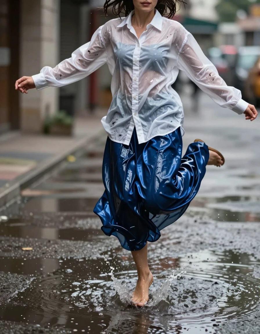 A young adult European woman captured in a dynamic, joyful moment jumping mid-air in a shallow puddle on a gritty city pavement. She is wearing an oversized, long-sleeved white men's shirt with a stiff kent collar, the top button fastened securely, made of soaked, translucent cotton that clings to her frame with heavy, wet folds and dark patches. Paired with this is a flowing blue satin maxi skirt, now heavy and water-saturated, clinging to her legs with deep, lustrous highlights and liquid-sheened folds that shimmer under ambient light. She wears simple sandals on her feet. Her skin and hair are visibly wet, with droplets and a glossy sheen reflecting the environment. The scene is filled with splashes and ripples in the water, emphasizing the soaked texture of the fabrics and the weight of the water-logged skirt. Photorealistic, high-shutter speed capture, sharp focus on the subject and the water displacement, cinematic lighting, vivid textures, hyper-detailed wet fabric physics.