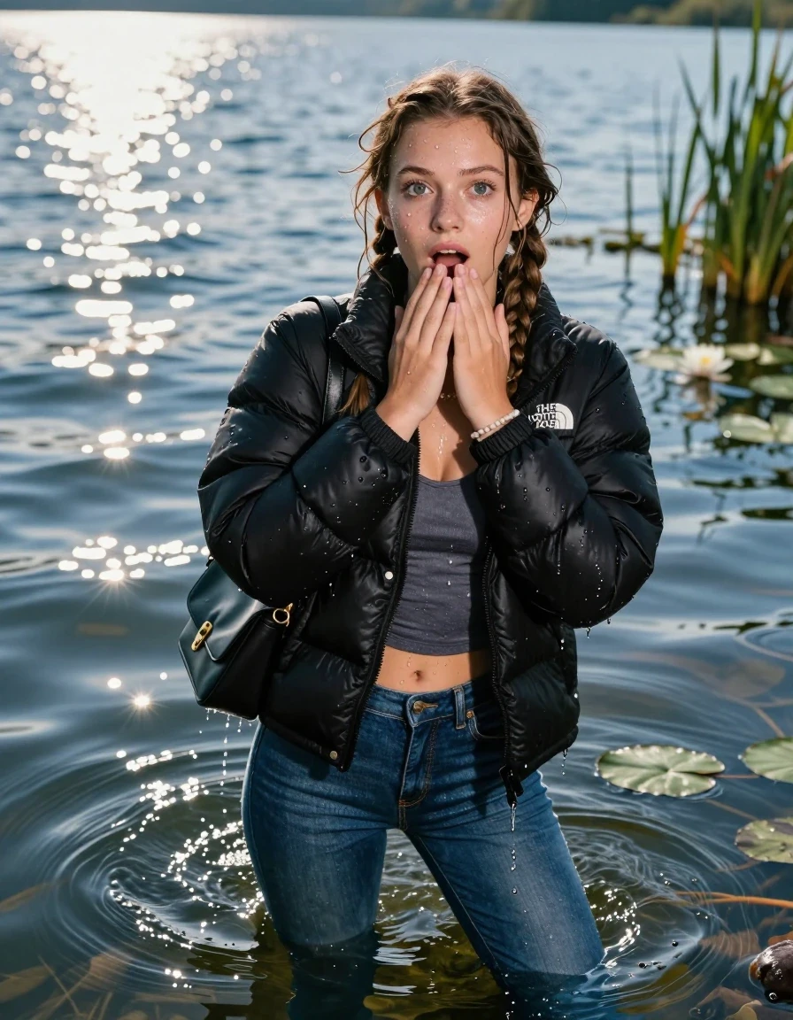 photo of young woman, in soaking wet, drenched clothes,
, Glistening soaked tight Blue skinny jeans, Glistening soaked black puffer down jacket from north face, tight sexy tshirt with wide neckline belly free, smal shoulderbag, pearl necklace, bracelet,  Lake with water lilies and reeds, 
enjoying, wet clothes stuck to body,
detailed textures of the wet clothes, wet face, wet plastered hair,
wet, drenched, professional, high-quality details, full body view.
sharp focus, ultra-high pixel detail, realistic, high-quality, full colors, incredibly detailed, 4k, 8k, 16k, hyper-realistic, RAW photo, masterpiece, ultra-detailed, professionally color graded, professional photograph, A realistic vertical fashion photograph of an  15-year-old teenage Girl submerged after a dip  in a clear blue lake. 
wet plastered hair. Two long brunette braids. Afraid and astonished. Hold her hands on her mouth. Looking up at camera. Open mouth, big eyes. She take a Selfie. She soak her shoulderbag in the water. Leaning forward. her head and shoulders visible above the shimmering water surface, while her body and legs are submerged below. Natural sunlight creates sparkling reflections on the water's surface. High-quality fashion photography, sharp focus on her face, cinematic lighting.
The lighting is bright and cinematic, highlighting the glistening water droplets on her skin and the saturated texture of her clothes.

her clothes are heavy from the water, water runs from her body and her clothes in streams. A lot of water also runs out of her clothes. Her clothes are darkened by the water. Her submerged clothes are clinging wet. 

A shocked friend at the edge of the lake watching her.

soft atmospheric lighting reflecting off the surface, cinematic medium shot, hyper-realistic wetness, high-contrast water sheen, 8k resolution, sharp focus, wet skin, wet clothes, damp fabric, wet skin, wet clothes, damp fabric
