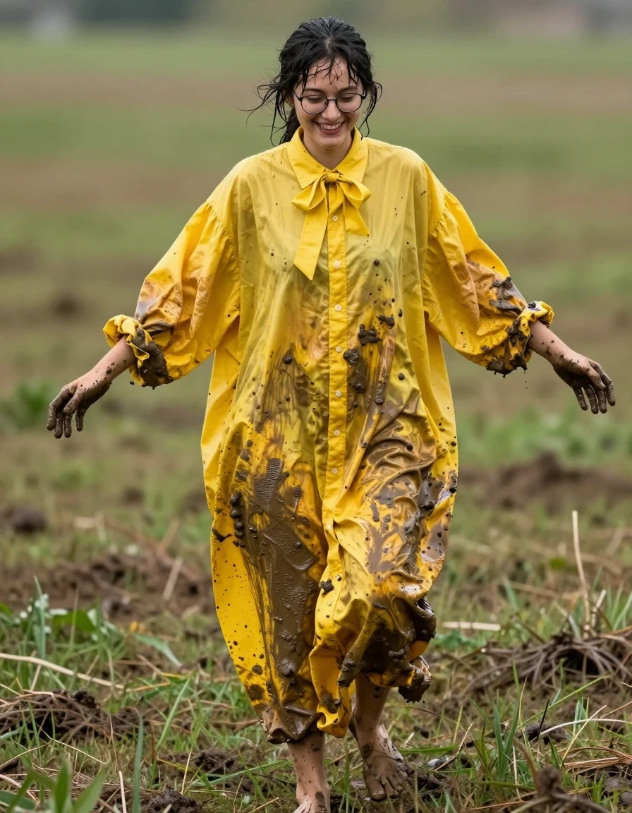 A photorealistic medium shot of a young adult European woman with bare feet, wearing an extremely oversized long-sleeved yellow maxi buttoned-down dress and a bowtie, accessorized with glasses. She is outdoors in a field of grass, joyfully smearing thick, dark mud all over her skin, hair, and clothing. The yellow fabric of the dress is heavily soaked and stained with mud, showing deep saturated patches, clinging to her frame with heavy wet folds and a translucent sheen where the mud and moisture saturate the material. Her skin and hair are glistening with wetness and caked with dark mud streaks. The lighting is bright and natural, highlighting the texture of the mud and the wet, heavy drape of the oversized dress. High-detail photography, sharp focus on the messy, joyful expression and the varied textures of mud, wet fabric, and grass.