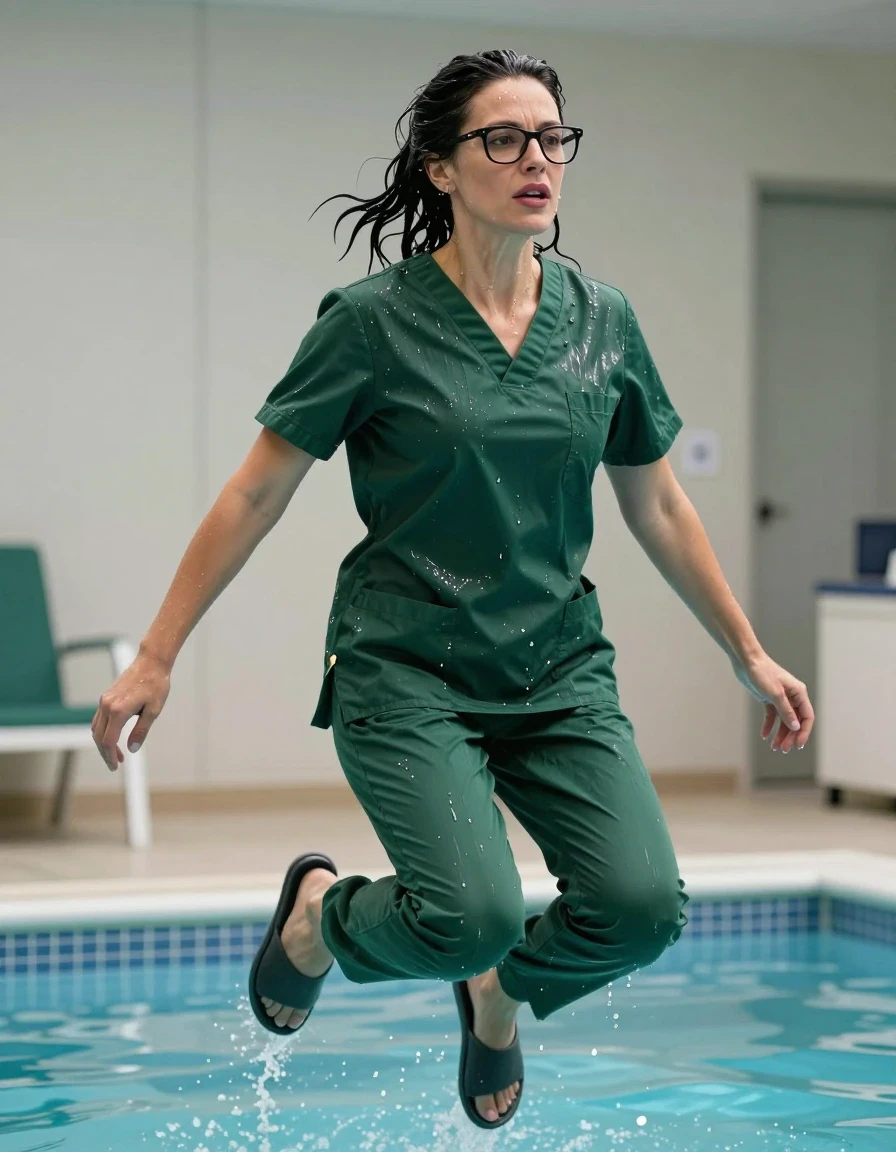 photo of young woman, in soaking wet, drenched clothes,
slippers, dark green scrubs, dark green scrubs, jumping in pool, 
enjoying, wet clothes stuck to body,
detailed textures of the wet clothes, wet face, wet plastered hair,
wet, drenched, professional, high-quality details, full body view.
sharp focus, ultra-high pixel detail, realistic, high-quality, full colors, incredibly detailed, 4k, 8k, 16k, hyper-realistic, RAW photo, masterpiece, ultra-detailed, professionally color graded, professional photograph, europen brunette skinny woman 40 years old, long dark black hair, very big and thick lips, office glasses, complete body, wet skin, wet clothes, damp fabric, wet skin, wet clothes, damp fabric, wet skin, wet clothes, damp fabric, wet skin, wet clothes, damp fabric, wet skin, wet clothes, damp fabric