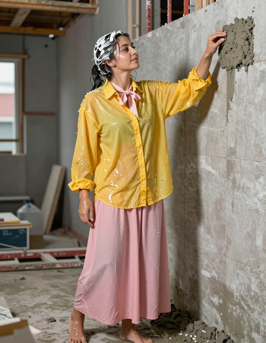 photo of young woman, in soaking wet, drenched clothes,
Barefeet, pink maxi skirt, bowtie, yellow oversized long sleeved buttoned down men'sh shirt, contruction site, 
enjoying, wet clothes stuck to body,
detailed textures of the wet clothes, wet face, wet plastered hair,
wet, drenched, professional, high-quality details, full body view.
sharp focus, ultra-high pixel detail, realistic, high-quality, full colors, incredibly detailed, 4k, 8k, 16k, hyper-realistic, RAW photo, masterpiece, ultra-detailed, professionally color graded, professional photograph, joyfully building a wall, clothes are covered in cement, wet skin, wet clothes, damp fabric
