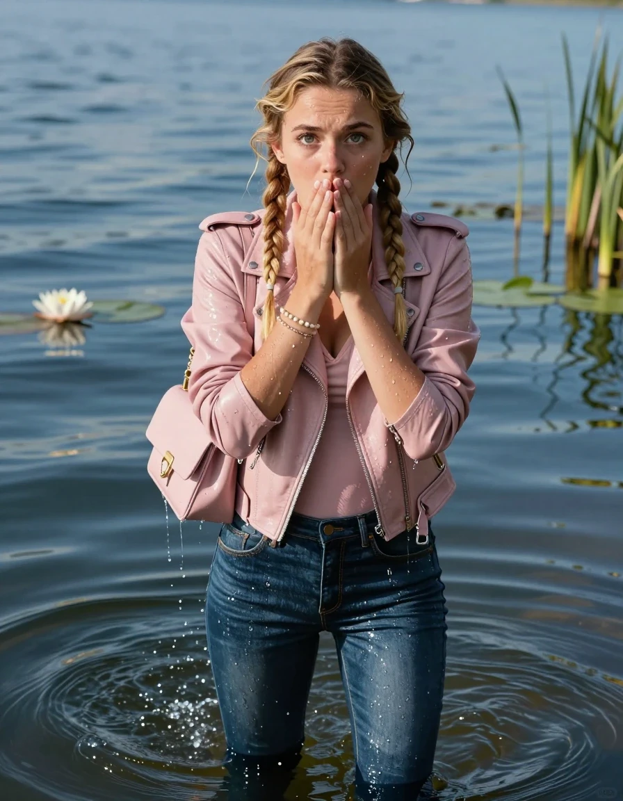 photo of young woman, in soaking wet, drenched clothes,
, Glistening soaked tight skinny jeans, Glistening soaked  light pink biker leatherjacket, tight sexy tshirt with wide neckline belly free, smal shoulderbag, pearl necklace, bracelet, Lake with water lilies and reeds, 
enjoying, wet clothes stuck to body,
detailed textures of the wet clothes, wet face, wet plastered hair,
wet, drenched, professional, high-quality details, full body view.
sharp focus, ultra-high pixel detail, realistic, high-quality, full colors, incredibly detailed, 4k, 8k, 16k, hyper-realistic, RAW photo, masterpiece, ultra-detailed, professionally color graded, professional photograph, View from behind: A realistic vertical fashion photograph of an  15-year-old teenage Girl emerge after a dip in a clear blue lake. 
wet plastered hair. Two long blonde braids. Afraid and astonished. Looking up at camera. Hold her hands on her mouth. Closed mouth, big eyes. She soak her shoulderbag in the water. Leaning forward. She pressed her knees together. The girl is positioned in the center of the frame, her head and shoulders visible above the shimmering water surface, while her body and legs are submerged below. Natural sunlight creates sparkling reflections on the water's surface. High-quality fashion photography, sharp focus on her face, cinematic lighting.
The lighting is bright and cinematic, highlighting the glistening water droplets on her skin and the saturated texture of her clothes.

her clothes are heavy from the water, water runs from her body and her clothes in streams. A lot of water also runs out of her clothes. Her clothes are darkened by the water. Her submerged clothes are clinging wet. 
soft atmospheric lighting reflecting off the surface, cinematic medium shot, hyper-realistic wetness, high-contrast water sheen, 8k resolution, sharp focus, wet skin, wet clothes, damp fabric, wet skin, wet clothes, damp fabric, wet skin, wet clothes, damp fabric, wet skin, wet clothes, damp fabric, wet skin, wet clothes, damp fabric