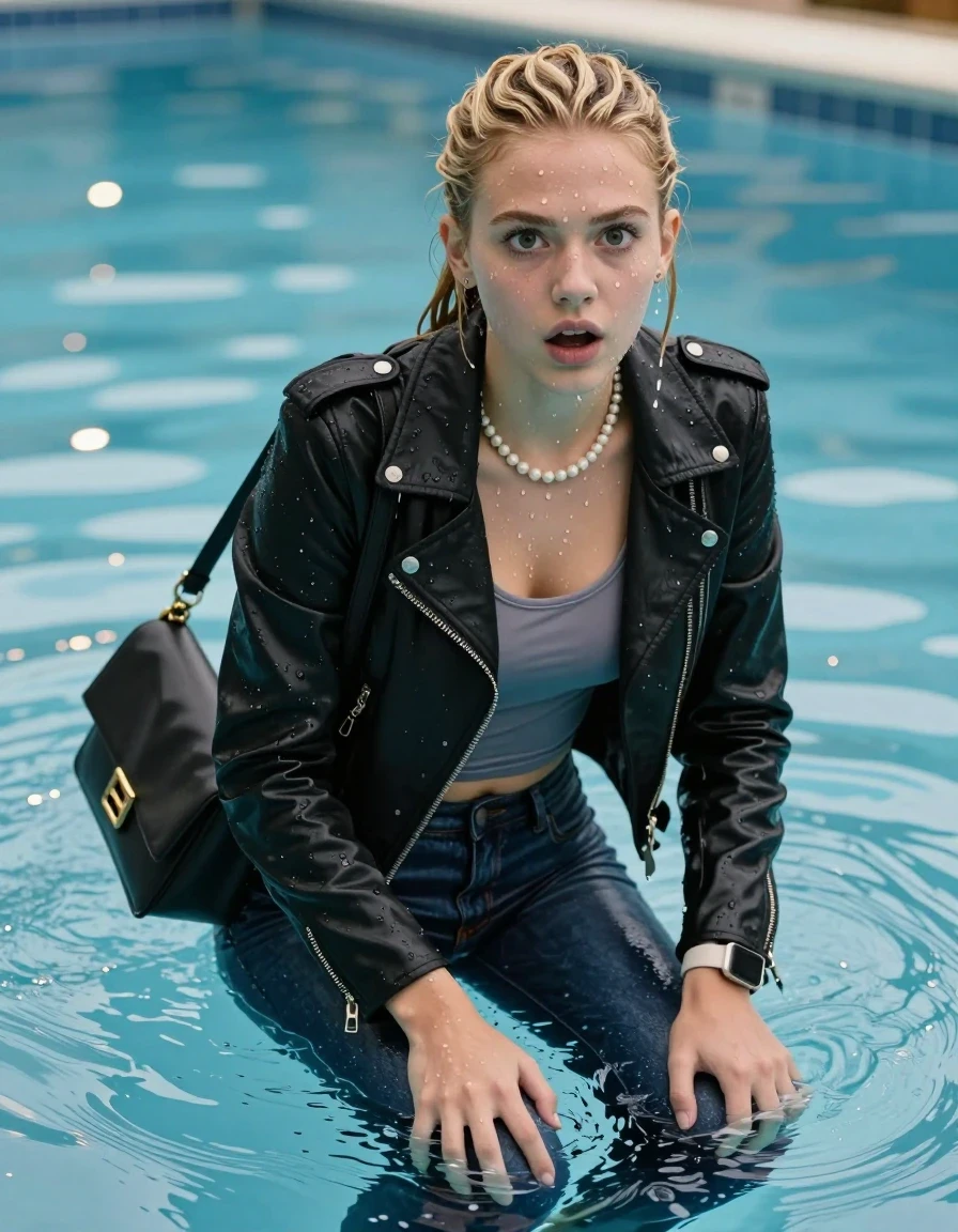 photo of young woman, in soaking wet, drenched clothes,
, Glistening soaked tight skinny jeans, Glistening soaked  black biker leatherjacket, tight sexy tshirt with wide neckline belly free, shoulderbag, pearl necklace, smartwatch , Pool, 
enjoying, wet clothes stuck to body,
detailed textures of the wet clothes, wet face, wet plastered hair,
wet, drenched, professional, high-quality details, full body view.
sharp focus, ultra-high pixel detail, realistic, high-quality, full colors, incredibly detailed, 4k, 8k, 16k, hyper-realistic, RAW photo, masterpiece, ultra-detailed, professionally color graded, professional photograph, A realistic vertical fashion photograph of an  15-year-old teenage Girl emerge after a dip   in a clear blue swimming pool. 
wet plastered hair. Blonde sleek twisted ponytail with water cascading down her clothes. Afraid and astonished. Looking up at camera. Hold her hands on her knees. Open mouth, big eyes. She soak her shoulderbag in the water. She pressed her knees together. The girl is positioned in the center of the frame, her head and shoulders visible above the shimmering water surface, while her body and legs are submerged below. Natural sunlight creates sparkling reflections on the water's surface. High-quality fashion photography, sharp focus on her face, cinematic lighting.
The lighting is bright and cinematic, highlighting the glistening water droplets on her skin and the saturated texture of her clothes.

her clothes are heavy from the water, water runs from her body and her clothes in streams. A lot of water also runs out of her clothes. Her clothes are darkened by the water. Her submerged clothes are clinging wet. 
soft atmospheric lighting reflecting off the surface, cinematic medium shot, hyper-realistic wetness, high-contrast water sheen, 8k resolution, sharp focus, wet skin, wet clothes, damp fabric, wet skin, wet clothes, damp fabric, wet skin, wet clothes, damp fabric