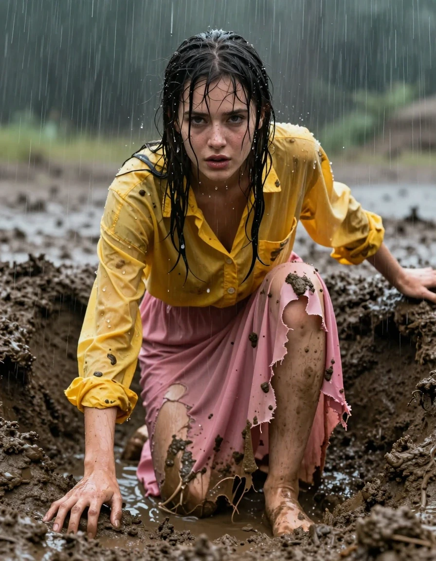 A photorealistic, high-detail cinematic shot of a young adult European woman crawling out of a deep, murky mudhole during a heavy rainstorm. She is completely drenched, with wet, matted hair clinging to her face and skin covered in thick, glistening layers of wet mud and water droplets. She is wearing a torn, oversized yellow long-sleeved button-down men's shirt and a torn pink maxi skirt, both items heavily soaked, clinging to her body, and stained with dark, wet mud. The fabrics are weighed down by water, showing realistic folds, clinging textures, and deep, saturated color shifts where the material is saturated. She is barefoot, with her feet caked in mud and pressed into the slick, wet earth. The lighting is moody and overcast, emphasizing the wet sheen on her skin and the high-contrast textures of the mud and destroyed clothing. Cinematic composition, shallow depth of field, sharp focus on the subject, 8k resolution, raw photographic style, dripping water, intense atmospheric rain.