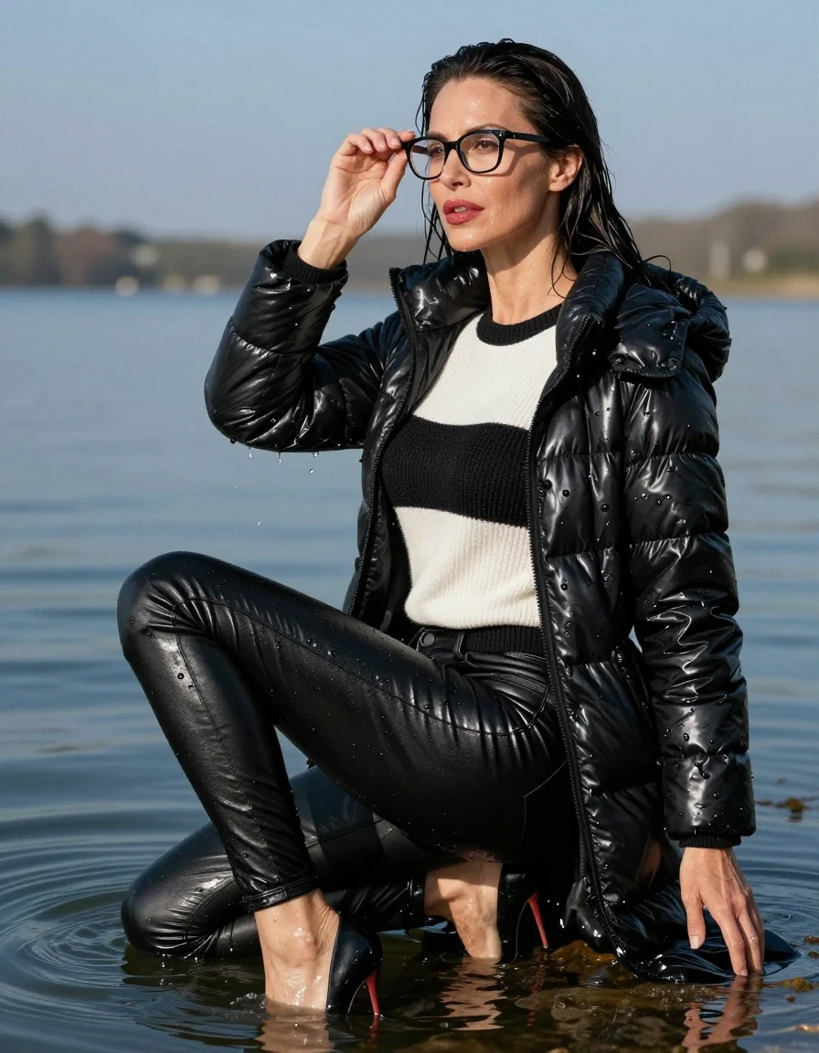 photo of young woman, in soaking wet, drenched clothes,
stilletto butts, long black leather jeans, long black & white sweater with long sleeves, maxi black winter down jacket, complete submerged under sunny very deep lake, 
enjoying, wet clothes stuck to body,
detailed textures of the wet clothes, wet face, wet plastered hair,
wet, drenched, professional, high-quality details, full body view.
sharp focus, ultra-high pixel detail, realistic, high-quality, full colors, incredibly detailed, 4k, 8k, 16k, hyper-realistic, RAW photo, masterpiece, ultra-detailed, professionally color graded, professional photograph, europen brunette skinny woman 40 years old, long dark black hair, very big and thick lips, office glasses, complete body, wet skin, wet clothes, damp fabric, wet skin, wet clothes, damp fabric, wet skin, wet clothes, damp fabric, wet skin, wet clothes, damp fabric, wet skin, wet clothes, damp fabric