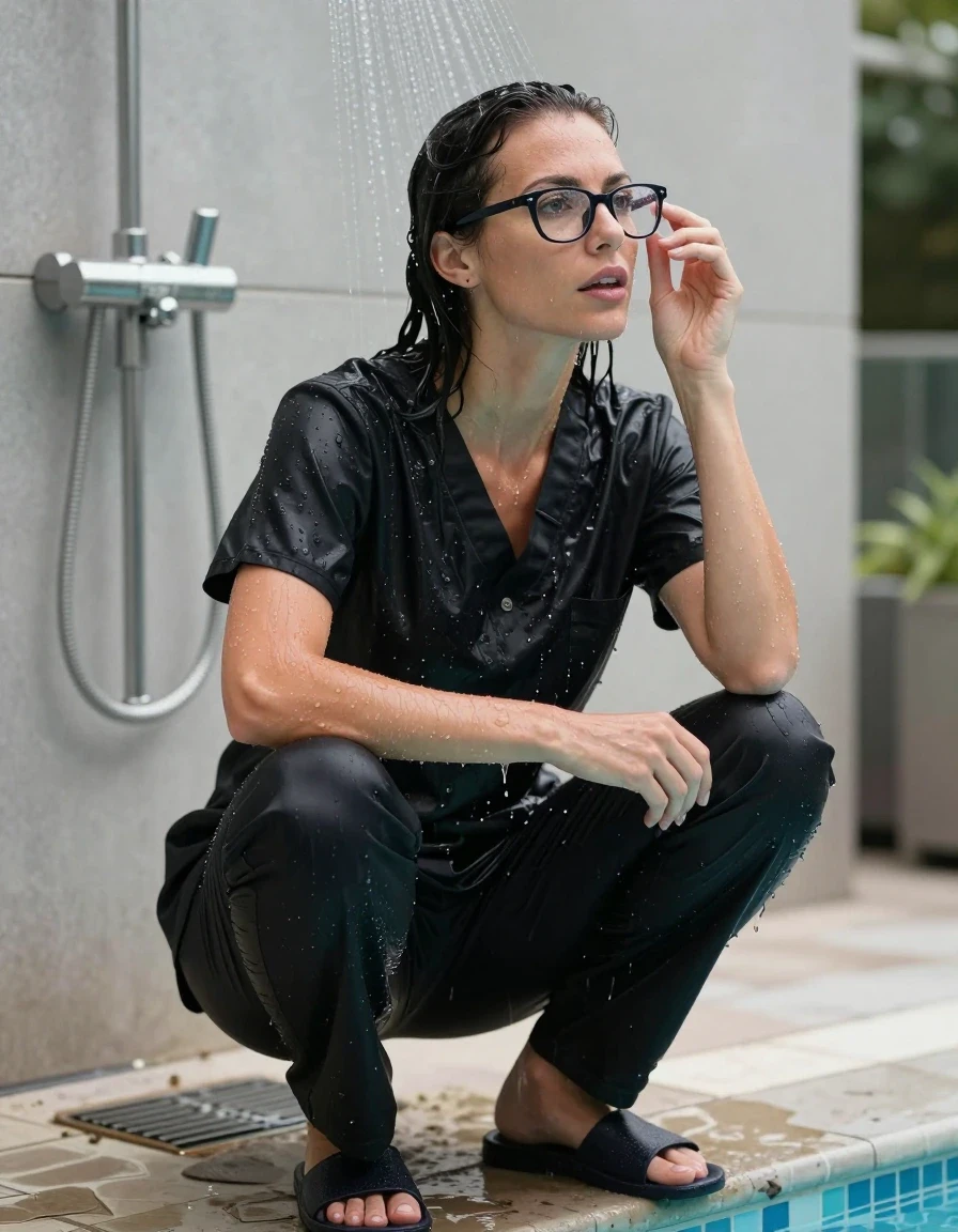 photo of young woman, in soaking wet, drenched clothes,
slippers, black scrubs, black scrubs, on the edge of pool under shower, 
enjoying, wet clothes stuck to body,
detailed textures of the wet clothes, wet face, wet plastered hair,
wet, drenched, professional, high-quality details, full body view.
sharp focus, ultra-high pixel detail, realistic, high-quality, full colors, incredibly detailed, 4k, 8k, 16k, hyper-realistic, RAW photo, masterpiece, ultra-detailed, professionally color graded, professional photograph, europen brunette skinny woman 40 years old, long dark black hair, very big and thick lips, office glasses,  complete body, wet skin, wet clothes, damp fabric, wet skin, wet clothes, damp fabric, wet skin, wet clothes, damp fabric, wet skin, wet clothes, damp fabric, wet skin, wet clothes, damp fabric