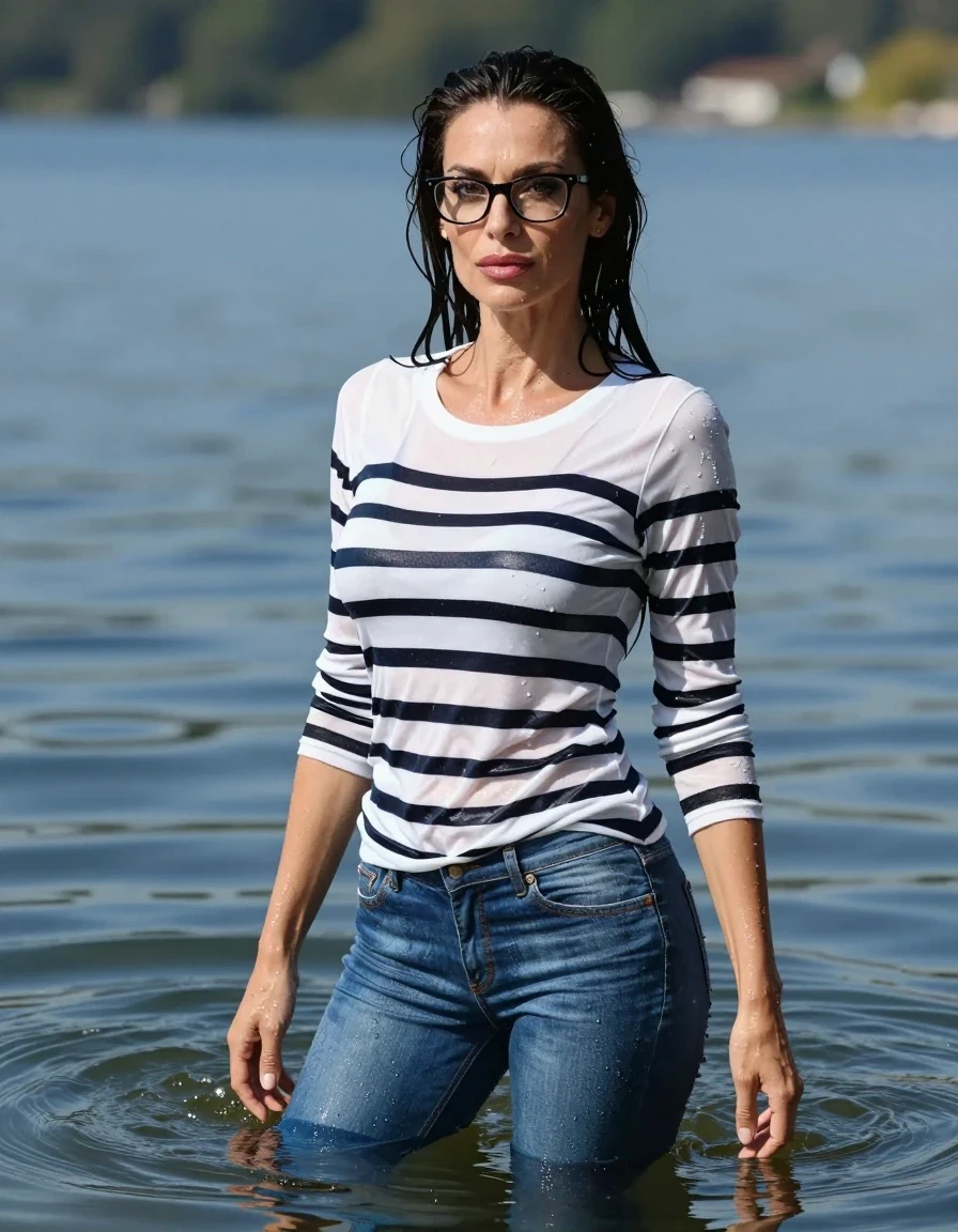 photo of young woman, in soaking wet, drenched clothes,
stilletto butts, long blue tight jeans, white & black striped long sweater dress with long sleeves, complete submerged under very deep sunny lake, 
enjoying, wet clothes stuck to body,
detailed textures of the wet clothes, wet face, wet plastered hair,
wet, drenched, professional, high-quality details, full body view.
sharp focus, ultra-high pixel detail, realistic, high-quality, full colors, incredibly detailed, 4k, 8k, 16k, hyper-realistic, RAW photo, masterpiece, ultra-detailed, professionally color graded, professional photograph, europen brunette skinny woman 40 years old, long dark black hair, very big and thick lips, office glasses, complete body, wet skin, wet clothes, damp fabric, wet skin, wet clothes, damp fabric, wet skin, wet clothes, damp fabric, wet skin, wet clothes, damp fabric, wet skin, wet clothes, damp fabric