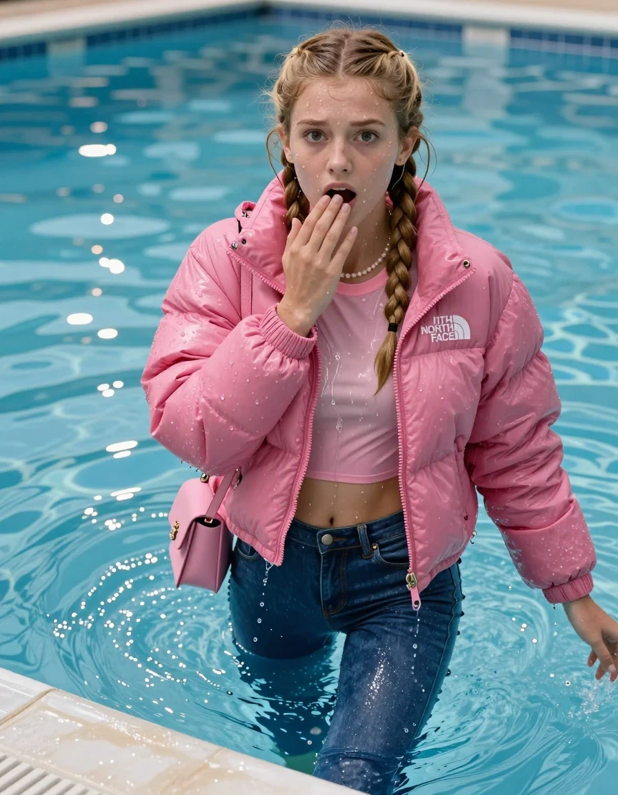 photo of young woman, in soaking wet, drenched clothes,
White sneakers , Glistening soaked tight Blue skinny jeans, Glistening soaked pink puffer down jacket from north face, tight sexy tshirt with wide neckline belly free, smal shoulderbag, pearl necklace, bracelet,  Pool, 
enjoying, wet clothes stuck to body,
detailed textures of the wet clothes, wet face, wet plastered hair,
wet, drenched, professional, high-quality details, full body view.
sharp focus, ultra-high pixel detail, realistic, high-quality, full colors, incredibly detailed, 4k, 8k, 16k, hyper-realistic, RAW photo, masterpiece, ultra-detailed, professionally color graded, professional photograph, View from behind: A realistic vertical fashion photograph of an  15-year-old teenage Girl submerged after a dip  in a clear blue swimming pool. 
wet plastered hair. Two long blonde braids. Afraid and astonished. Hold her hands on her mouth. Looking up at camera. Open mouth, big eyes. She soak her shoulderbag in the water. Leaning forward. her head and shoulders visible above the shimmering water surface, while her body and legs are submerged below. Natural sunlight creates sparkling reflections on the water's surface. High-quality fashion photography, sharp focus on her face, cinematic lighting.
The lighting is bright and cinematic, highlighting the glistening water droplets on her skin and the saturated texture of her clothes.

her clothes are heavy from the water, water runs from her body and her clothes in streams. A lot of water also runs out of her clothes. Her clothes are darkened by the water. Her submerged clothes are clinging wet. 

A shocked friend at the edge of the pool reaches out to help her out of the water.

soft atmospheric lighting reflecting off the surface, cinematic medium shot, hyper-realistic wetness, high-contrast water sheen, 8k resolution, sharp focus, wet skin, wet clothes, damp fabric, wet skin, wet clothes, damp fabric, wet skin, wet clothes, damp fabric, wet skin, wet clothes, damp fabric
