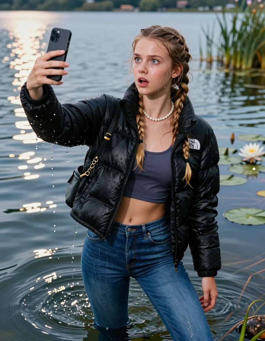 photo of young woman, in soaking wet, drenched clothes,
, Glistening soaked tight Blue skinny jeans, Glistening soaked black puffer down jacket from north face, tight sexy tshirt with wide neckline belly free, smal shoulderbag, pearl necklace, bracelet,  Lake with water lilies and reeds, 
enjoying, wet clothes stuck to body,
detailed textures of the wet clothes, wet face, wet plastered hair,
wet, drenched, professional, high-quality details, full body view.
sharp focus, ultra-high pixel detail, realistic, high-quality, full colors, incredibly detailed, 4k, 8k, 16k, hyper-realistic, RAW photo, masterpiece, ultra-detailed, professionally color graded, professional photograph, A realistic vertical fashion photograph of an  15-year-old teenage Girl emerge after a dip  in a clear blue lake. 
wet plastered hair. Two long blonde braids. Afraid and astonished. Hold a hand on her mouth. Looking up at camera. Closed mouth, big eyes. She take a Selfie. She soak her shoulderbag in the water. Leaning forward. her head and shoulders visible above the shimmering water surface, while her body and legs are submerged below. Natural sunlight creates sparkling reflections on the water's surface. High-quality fashion photography, sharp focus on her face, cinematic lighting.
The lighting is bright and cinematic, highlighting the glistening water droplets on her skin and the saturated texture of her clothes.

her clothes are heavy from the water, water runs from her body and her clothes in streams. A lot of water also runs out of her clothes. Her clothes are darkened by the water. Her submerged clothes are clinging wet. 

A shocked friend at the edge of the lake watching her.

soft atmospheric lighting reflecting off the surface, cinematic medium shot, hyper-realistic wetness, high-contrast water sheen, 8k resolution, sharp focus, wet skin, wet clothes, damp fabric, wet skin, wet clothes, damp fabric
