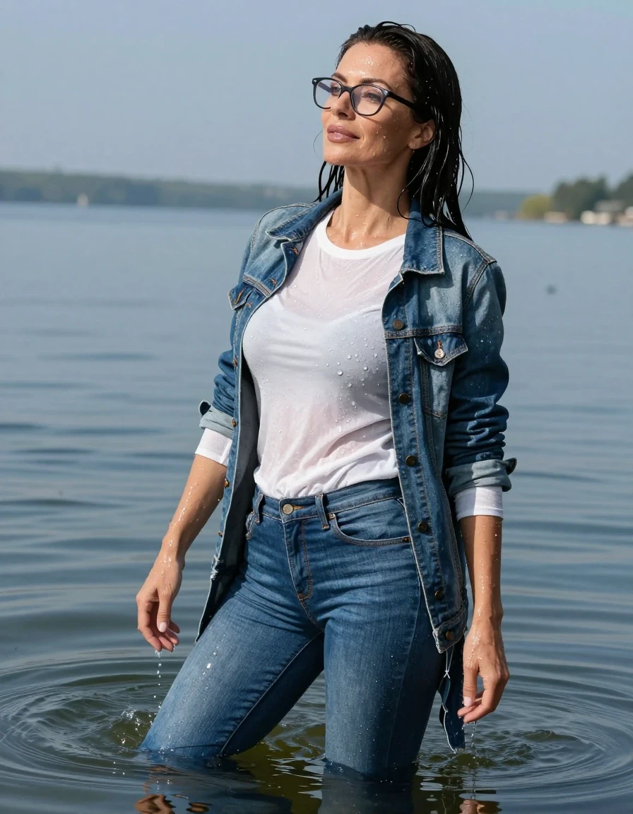 photo of young woman, in soaking wet, drenched clothes,
stilletto butts, long blue tight jeans, white long sweater with long sleeves, long blue denim jacket, complete submerged under very deep sunny lake, 
enjoying, wet clothes stuck to body,
detailed textures of the wet clothes, wet face, wet plastered hair,
wet, drenched, professional, high-quality details, full body view.
sharp focus, ultra-high pixel detail, realistic, high-quality, full colors, incredibly detailed, 4k, 8k, 16k, hyper-realistic, RAW photo, masterpiece, ultra-detailed, professionally color graded, professional photograph, europen brunette skinny woman 40 years old, long dark black hair, very big and thick lips, office glasses, complete body, wet skin, wet clothes, damp fabric, wet skin, wet clothes, damp fabric, wet skin, wet clothes, damp fabric, wet skin, wet clothes, damp fabric, wet skin, wet clothes, damp fabric