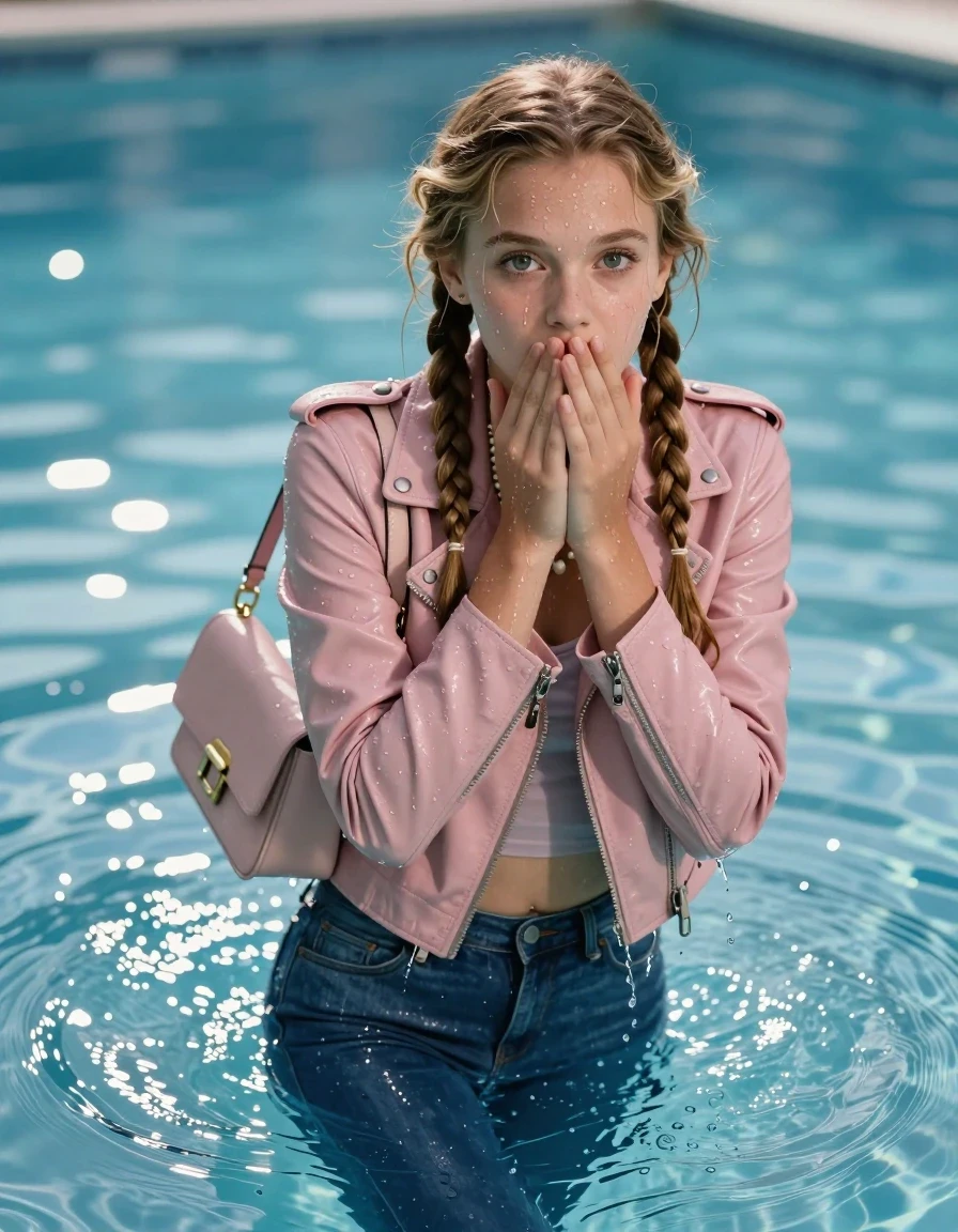 photo of young woman, in soaking wet, drenched clothes,
, Glistening soaked tight Blue skinny jeans, Glistening soaked  light pink biker leatherjacket, tight sexy tshirt with wide neckline belly free, smal shoulderbag, pearl necklace, bracelet, Pool, 
enjoying, wet clothes stuck to body,
detailed textures of the wet clothes, wet face, wet plastered hair,
wet, drenched, professional, high-quality details, full body view.
sharp focus, ultra-high pixel detail, realistic, high-quality, full colors, incredibly detailed, 4k, 8k, 16k, hyper-realistic, RAW photo, masterpiece, ultra-detailed, professionally color graded, professional photograph, View from behind: A realistic vertical fashion photograph of an  15-year-old teenage Girl emerge after a dip   in a clear blue swimming pool. 
wet plastered hair. Two long blonde braids. Afraid and astonished. Looking up at camera. Hold her hands on her mouth. Closed mouth, big eyes. She soak her shoulderbag in the water. Leaning forward. She pressed her knees together. The girl is positioned in the center of the frame, her head and shoulders visible above the shimmering water surface, while her body and legs are submerged below. Natural sunlight creates sparkling reflections on the water's surface. High-quality fashion photography, sharp focus on her face, cinematic lighting.
The lighting is bright and cinematic, highlighting the glistening water droplets on her skin and the saturated texture of her clothes.

her clothes are heavy from the water, water runs from her body and her clothes in streams. A lot of water also runs out of her clothes. Her clothes are darkened by the water. Her submerged clothes are clinging wet. 
soft atmospheric lighting reflecting off the surface, cinematic medium shot, hyper-realistic wetness, high-contrast water sheen, 8k resolution, sharp focus, wet skin, wet clothes, damp fabric, wet skin, wet clothes, damp fabric, wet skin, wet clothes, damp fabric, wet skin, wet clothes, damp fabric