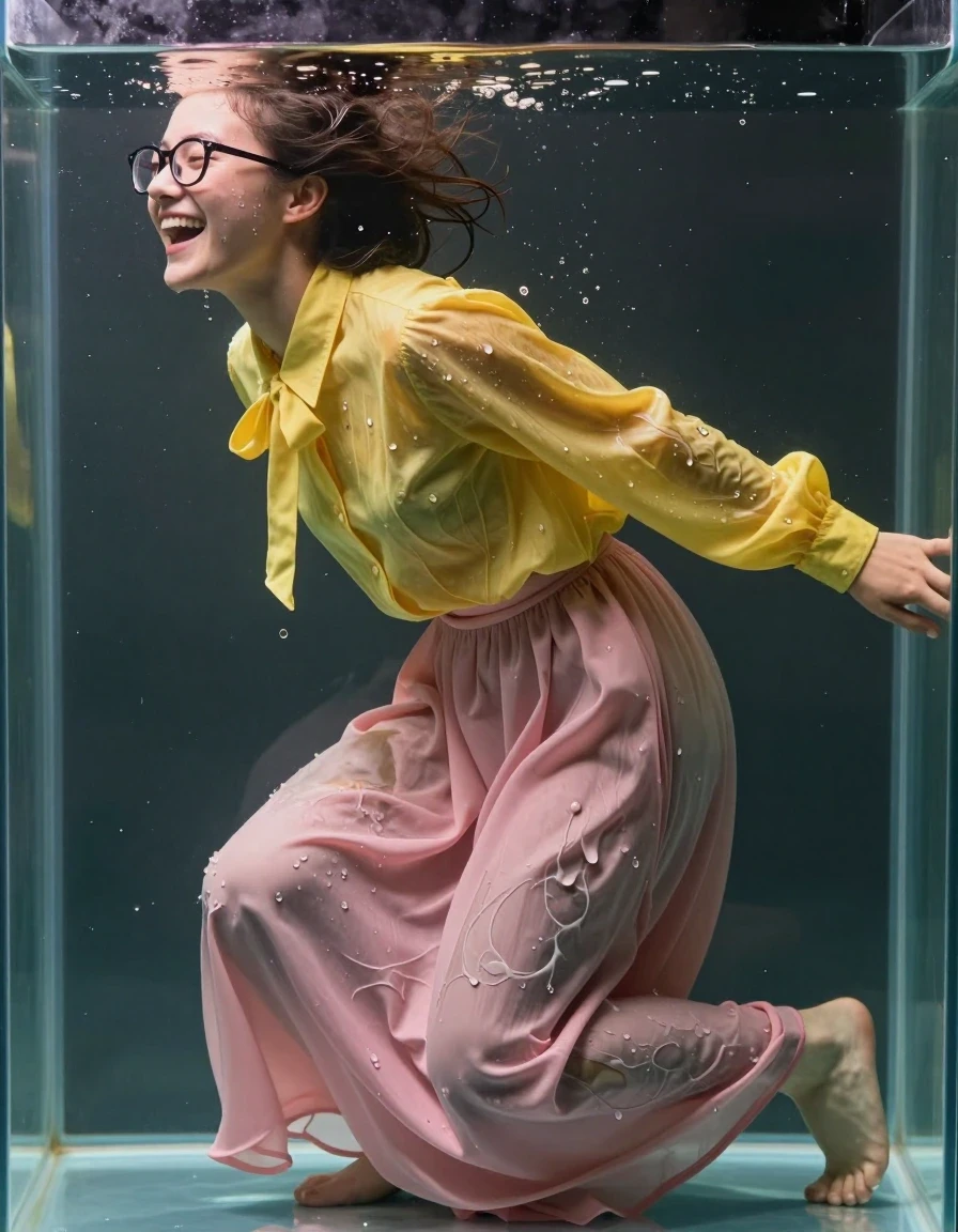 A photorealistic side-profile shot of a young adult European woman with a nerdy look, wearing thick-rimmed glasses, submerged up to her neck in a large glass fish aquarium filled with clear water. She has a wide, laughing expression, her skin glistening with water sheen and droplets. She is wearing a yellow extremely oversized long-sleeved buttoned-down blouse with a bowtie, and a pink maxi skirt; the fabric of the blouse and skirt is visibly soaking wet, clinging to her body with heavy wet folds, darkened saturated tones, and translucent damp patches. Her bare feet are visible resting on the bottom of the aquarium. The lighting is bright, highlighting the refraction of the water, the glossy wet texture of her skin, and the heavy, saturated weight of the wet clothing. High-resolution, cinematic photography, side-view composition through the glass wall of the aquarium.