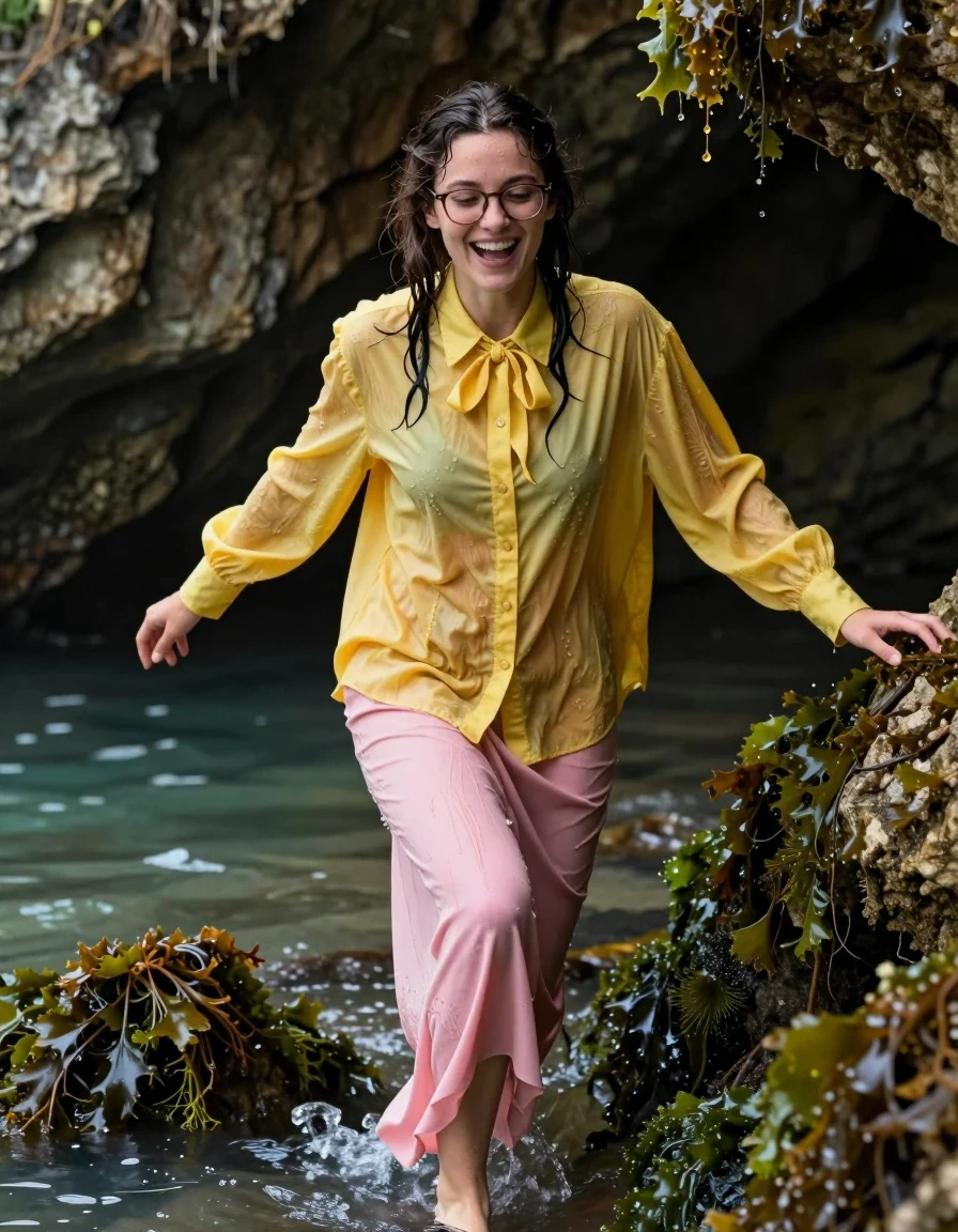 photo of young woman, in soaking wet, drenched clothes,
Barefeet, pink maxi skirt, glasses, yellow extremely oversized long sleeved buttoned down blouse, bowtie, climbing out of a flooded cave next to the sea, 
enjoying, wet clothes stuck to body,
detailed textures of the wet clothes, wet face, wet plastered hair,
wet, drenched, professional, high-quality details, full body view.
sharp focus, ultra-high pixel detail, realistic, high-quality, full colors, incredibly detailed, 4k, 8k, 16k, hyper-realistic, RAW photo, masterpiece, ultra-detailed, professionally color graded, professional photograph, covered in seaweed, laughing, nerdy look, wet skin, wet clothes, damp fabric