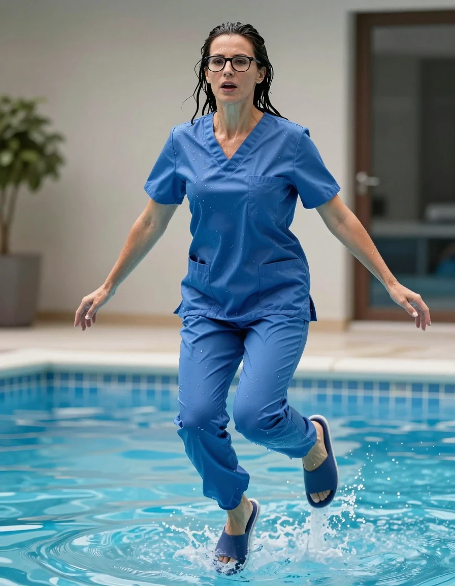 photo of young woman, in soaking wet, drenched clothes,
slippers, blue scrubs, blue scrubs, jumping in pool, 
enjoying, wet clothes stuck to body,
detailed textures of the wet clothes, wet face, wet plastered hair,
wet, drenched, professional, high-quality details, full body view.
sharp focus, ultra-high pixel detail, realistic, high-quality, full colors, incredibly detailed, 4k, 8k, 16k, hyper-realistic, RAW photo, masterpiece, ultra-detailed, professionally color graded, professional photograph, europen brunette skinny woman 40 years old, long dark black hair, very big and thick lips, office glasses, complete body, wet skin, wet clothes, damp fabric, wet skin, wet clothes, damp fabric, wet skin, wet clothes, damp fabric, wet skin, wet clothes, damp fabric, wet skin, wet clothes, damp fabric