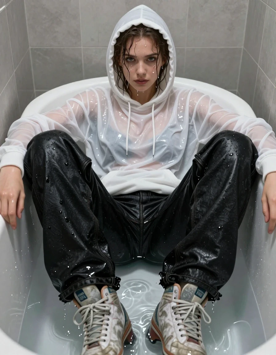 A photorealistic medium shot of a young adult European woman sitting inside a full bathtub in a cramped, dimly lit apartment bathroom. She is wearing a soaking-wet white hoodie that clings heavily to her frame, its fabric translucent and heavy with moisture, and baggy black jeans that are completely water-saturated, heavy with wet folds, clinging to her legs, showing deep patches of uneven dark saturation, visible weave, and strong glossy specular reflections on the seams and creases. She wears worn skate shoes with white socks that are dripping wet and submerged in the bathwater. Her skin and hair are glistening with water, with droplets running down her face. The lighting is moody, reflecting off the water surface and the wet fabric. High-detail textures, 8k resolution, cinematic photography, realistic water physics, intense wetness, visible fabric weight.