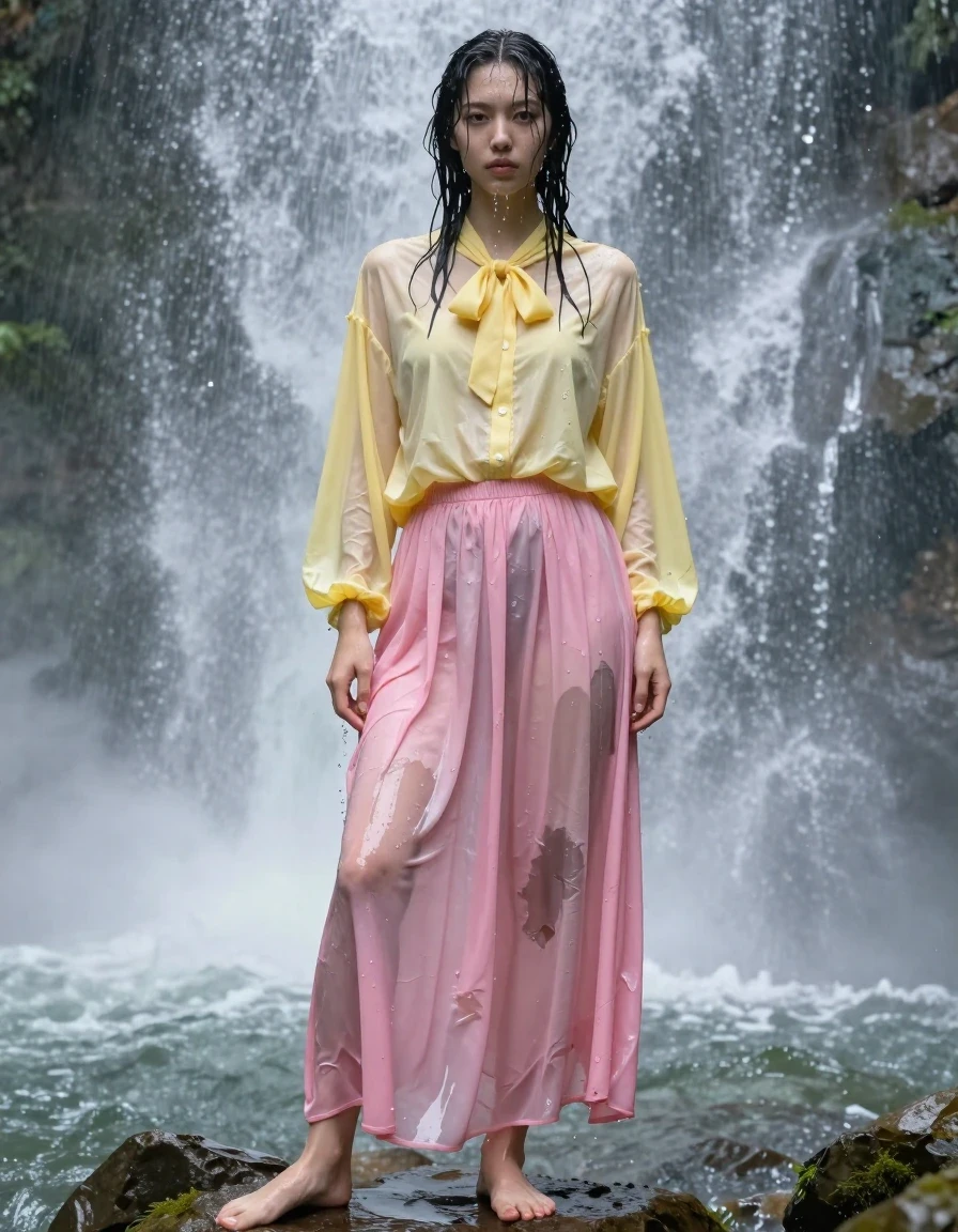 A photorealistic full-body shot of a young adult European woman standing directly under a powerful waterfall, completely drenched. She is wearing a yellow oversized long-sleeved buttoned-down blouse with a bowtie, and an oversized pink maxi skirt. The fabric of the blouse and skirt is heavy, water-saturated, and clings to her body, with deep, dark, unevenly soaked patches, visible fabric textures, heavy wet folds, and strong glossy specular reflections where the water cascades over the material. Her skin and hair are glistening and wet, with water streaming down her face and limbs. She is barefoot, standing on slick, mossy rocks at the base of the waterfall. The scene is captured with sharp focus, emphasizing the dramatic contrast between the vibrant, soaked fabrics and the misty, rushing water environment, cinematic lighting, hyper-realistic water droplets and sheen, high-speed photography style.