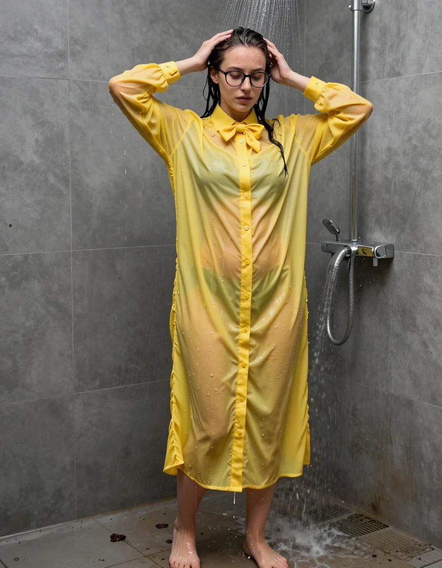 photo of young woman, in soaking wet, drenched clothes,
Barefeet, glasses, yellow extremely oversized long sleeved maxi buttoned down dress, bowtie, glasses, yellow extremely oversized long sleeved maxi buttoned down dress, bowtie, shower, 
enjoying, wet clothes stuck to body,
detailed textures of the wet clothes, wet face, wet plastered hair,
wet, drenched, professional, high-quality details, full body view.
sharp focus, ultra-high pixel detail, realistic, high-quality, full colors, incredibly detailed, 4k, 8k, 16k, hyper-realistic, RAW photo, masterpiece, ultra-detailed, professionally color graded, professional photograph, washing down mud, muck, sewer waste from her dress, wet skin, wet clothes, damp fabric