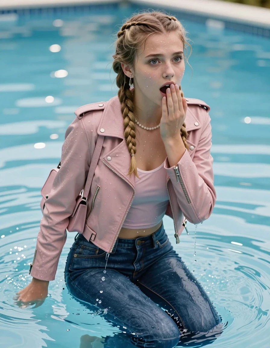 photo of young woman, in soaking wet, drenched clothes,
, Glistening soaked tight Blue skinny jeans, Glistening soaked  light pink biker leatherjacket, tight sexy tshirt with wide neckline belly free, smal shoulderbag, pearl necklace, bracelet, Pool, 
enjoying, wet clothes stuck to body,
detailed textures of the wet clothes, wet face, wet plastered hair,
wet, drenched, professional, high-quality details, full body view.
sharp focus, ultra-high pixel detail, realistic, high-quality, full colors, incredibly detailed, 4k, 8k, 16k, hyper-realistic, RAW photo, masterpiece, ultra-detailed, professionally color graded, professional photograph, View from behind: A realistic vertical fashion photograph of an  15-year-old teenage Girl emerge after a dip   in a clear blue swimming pool. 
wet plastered hair. Two long blonde braids. Afraid and astonished. Looking up at camera. Hold her hands on her mouth. Open mouth, big eyes. She soak her shoulderbag in the water. Leaning forward. She pressed her knees together. The girl is positioned in the center of the frame, her head and shoulders visible above the shimmering water surface, while her body and legs are submerged below. Natural sunlight creates sparkling reflections on the water's surface. High-quality fashion photography, sharp focus on her face, cinematic lighting.
The lighting is bright and cinematic, highlighting the glistening water droplets on her skin and the saturated texture of her clothes.

her clothes are heavy from the water, water runs from her body and her clothes in streams. A lot of water also runs out of her clothes. Her clothes are darkened by the water. Her submerged clothes are clinging wet. 
soft atmospheric lighting reflecting off the surface, cinematic medium shot, hyper-realistic wetness, high-contrast water sheen, 8k resolution, sharp focus, wet skin, wet clothes, damp fabric, wet skin, wet clothes, damp fabric, wet skin, wet clothes, damp fabric, wet skin, wet clothes, damp fabric
