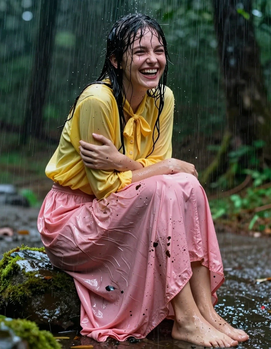 A photorealistic medium shot of a young adult European woman with a nerdy look, sitting on a moss-covered rock in a dense forest during a torrential downpour. She is wearing a yellow oversized long-sleeved buttoned-down blouse with a bowtie and an oversized pink maxi skirt. The fabric of the blouse and skirt is heavily drenched, clinging to her frame with deep, saturated colors, heavy wet folds, and visible water-soaked texture. Her bare feet are visible, resting on the wet ground. The clothing is covered in splatters of dark mud, and she is hugging herself while laughing, with water cascading off her hair and skin. The atmosphere is dark and moody with heavy rain streaks, creating strong glossy specular reflections on the wet surfaces of her clothes and skin. High-detail photography, cinematic lighting, hyper-realistic textures, 8k resolution.