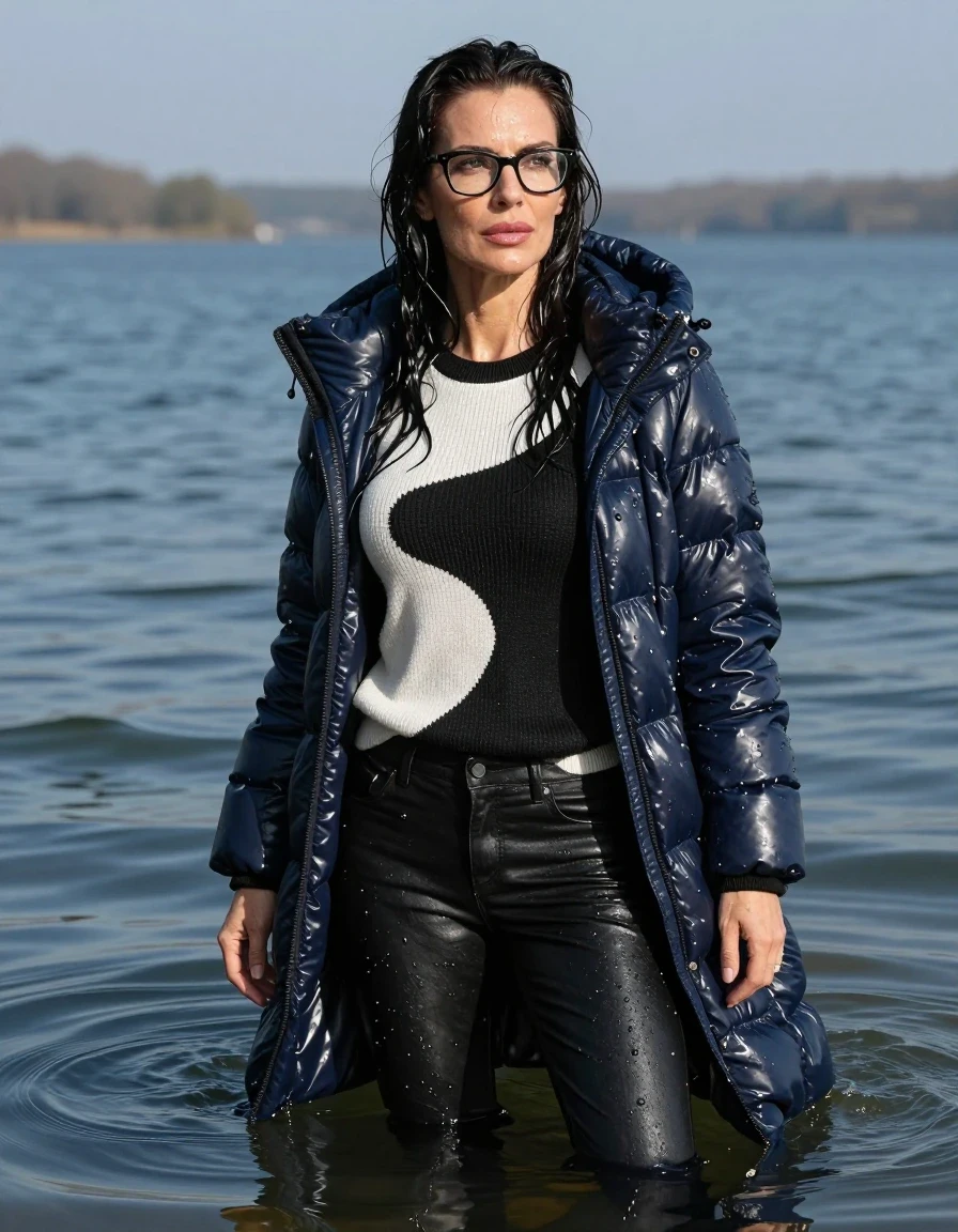 photo of young woman, in soaking wet, drenched clothes,
stilletto butts, long black leather jeans, long black & white sweater with long sleeves, maxi dark blue winter down jacket, complete submerged under sunny very deep lake, 
enjoying, wet clothes stuck to body,
detailed textures of the wet clothes, wet face, wet plastered hair,
wet, drenched, professional, high-quality details, full body view.
sharp focus, ultra-high pixel detail, realistic, high-quality, full colors, incredibly detailed, 4k, 8k, 16k, hyper-realistic, RAW photo, masterpiece, ultra-detailed, professionally color graded, professional photograph, europen brunette skinny woman 40 years old, long dark black hair, very big and thick lips, office glasses, complete body, wet skin, wet clothes, damp fabric, wet skin, wet clothes, damp fabric, wet skin, wet clothes, damp fabric, wet skin, wet clothes, damp fabric, wet skin, wet clothes, damp fabric