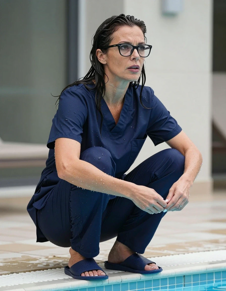 photo of young woman, in soaking wet, drenched clothes,
slippers, dark blue scrubs, dark blue scrubs, on the edge of pool, 
enjoying, wet clothes stuck to body,
detailed textures of the wet clothes, wet face, wet plastered hair,
wet, drenched, professional, high-quality details, full body view.
sharp focus, ultra-high pixel detail, realistic, high-quality, full colors, incredibly detailed, 4k, 8k, 16k, hyper-realistic, RAW photo, masterpiece, ultra-detailed, professionally color graded, professional photograph, europen brunette skinny woman 40 years old, long dark black hair, very big and thick lips, office glasses,  complete body, wet skin, wet clothes, damp fabric, wet skin, wet clothes, damp fabric, wet skin, wet clothes, damp fabric, wet skin, wet clothes, damp fabric, wet skin, wet clothes, damp fabric