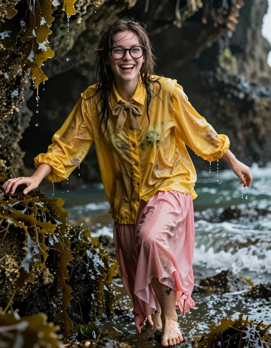 A photorealistic, highly detailed shot of a young adult European woman with a nerdy aesthetic, wearing thick-rimmed glasses and a bowtie. She is climbing out of a dark, flooded sea cave, her body covered in dripping strands of seaweed and wet sand. She is laughing joyfully, her hair matted and wet, clinging to her face. She wears a yellow, extremely oversized, long-sleeved buttoned-down blouse that is completely soaked through, clinging to her skin with deep, saturated fabric folds, dark patches, and heavy water-sheen reflections. She is also wearing a pink maxi skirt, which is heavy with seawater, clinging to her legs and dragging with wet, translucent fabric textures. Her bare feet are visible, caked in mud and glistening with water as she pulls herself onto the rocky, mossy shore. The lighting is moody and natural, highlighting the glossy, wet texture of her skin and the heavy, saturated fabrics against the backdrop of a crashing sea. High-resolution, 8k, cinematic lighting, sharp focus on water droplets and fabric weave.