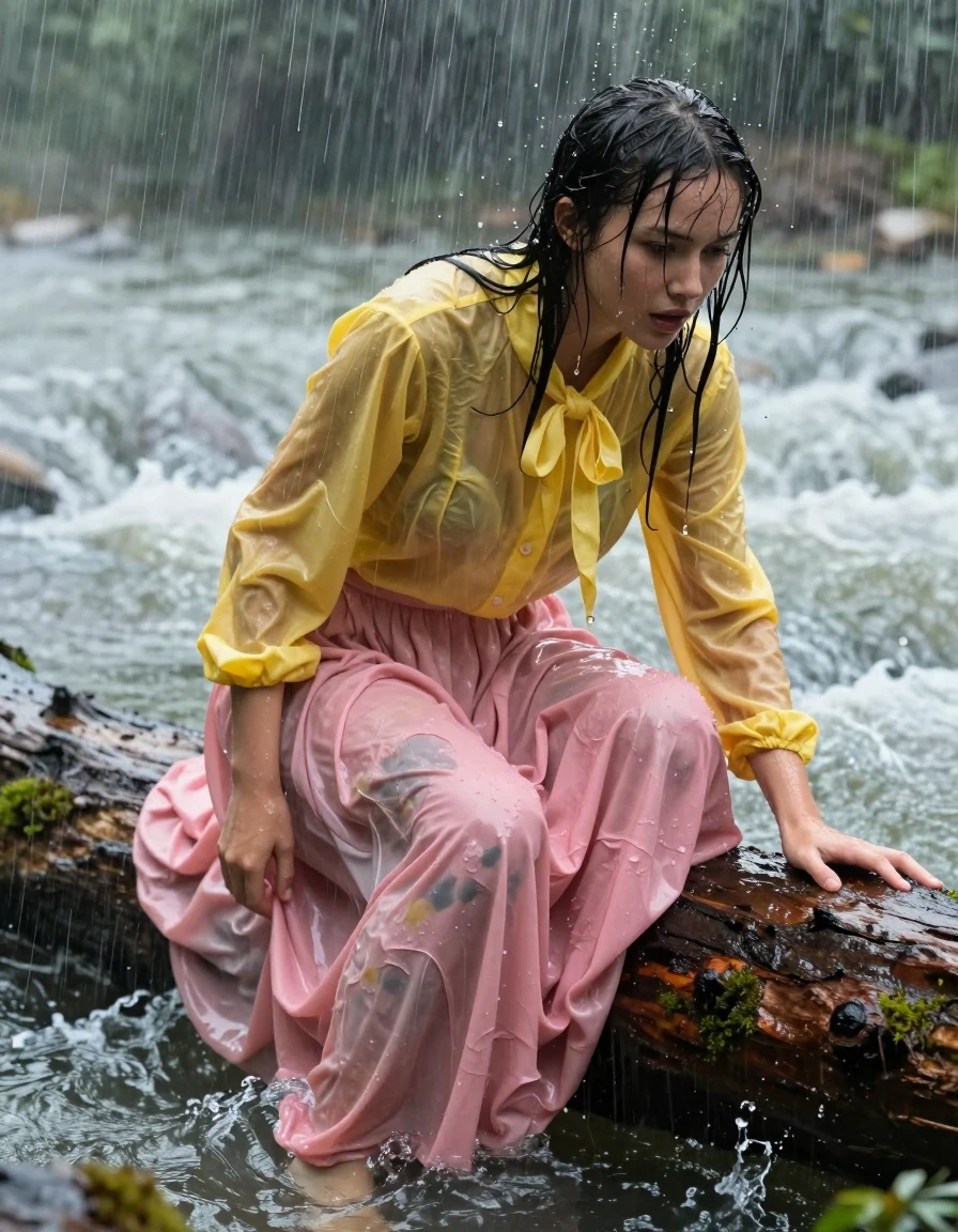 A young adult European woman with wet, rain-slicked hair and glistening, damp skin, wearing an oversized yellow long-sleeved buttoned-down blouse with a bowtie, and a voluminous oversized pink maxi skirt, both garments thoroughly soaked, heavy with water, and clinging to her frame with deep, saturated colors and translucent wet patches. She is barefoot, struggling to maintain her grip on a large, slippery mossy log amidst a torrential storm. The river water surges violently around her, with heavy rain and wind whipping the water's surface. Photorealistic, cinematic lighting capturing the high-contrast highlights on the drenched fabric and skin, water droplets streaming down her face, hyper-detailed textures, 8k resolution, dramatic atmosphere, wide-angle shot focusing on the intense struggle and the wet textures of the clothing.