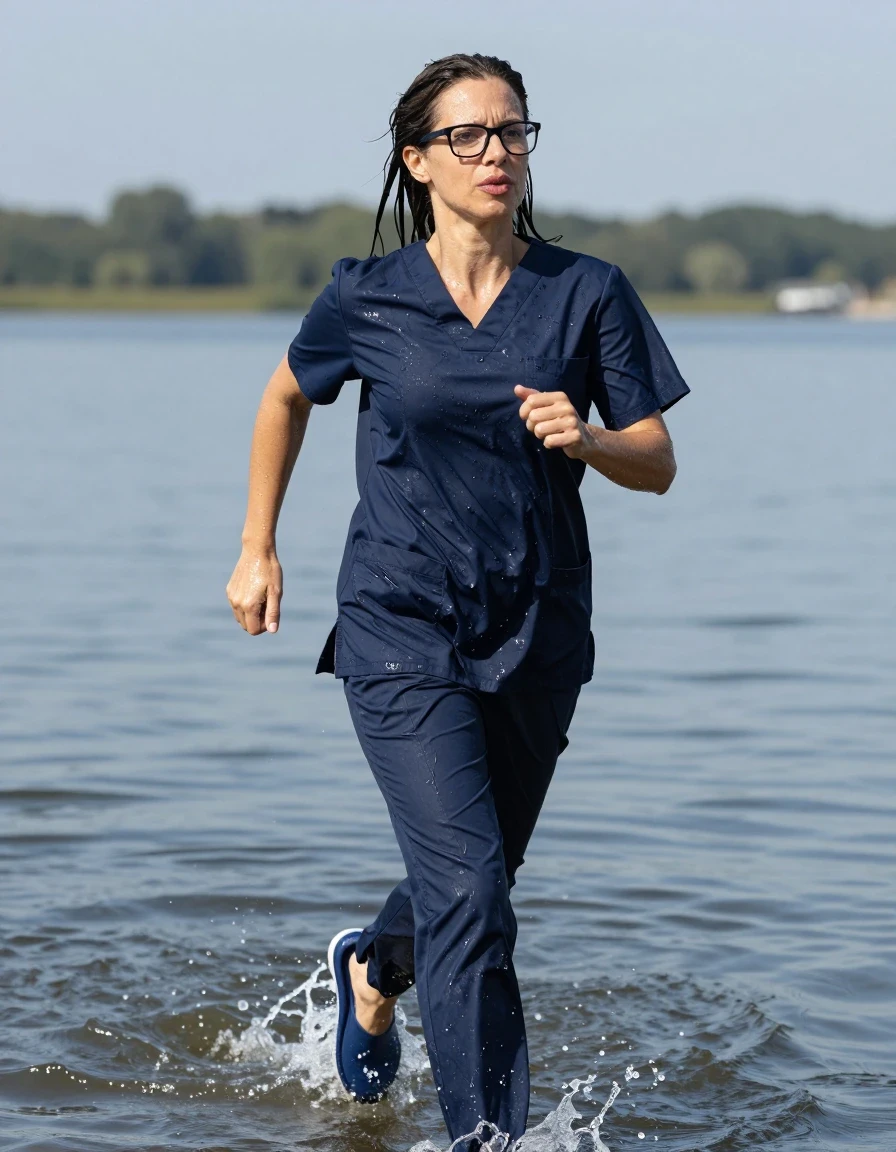 photo of young woman, in soaking wet, drenched clothes,
slippers, dark blue scrubs, dark blue scrubs, running in sunny lake, 
enjoying, wet clothes stuck to body,
detailed textures of the wet clothes, wet face, wet plastered hair,
wet, drenched, professional, high-quality details, full body view.
sharp focus, ultra-high pixel detail, realistic, high-quality, full colors, incredibly detailed, 4k, 8k, 16k, hyper-realistic, RAW photo, masterpiece, ultra-detailed, professionally color graded, professional photograph, europen brunette skinny woman 40 years old, long dark black hair, very big and thick lips, office glasses,  complete body, wet skin, wet clothes, damp fabric, wet skin, wet clothes, damp fabric, wet skin, wet clothes, damp fabric, wet skin, wet clothes, damp fabric, wet skin, wet clothes, damp fabric