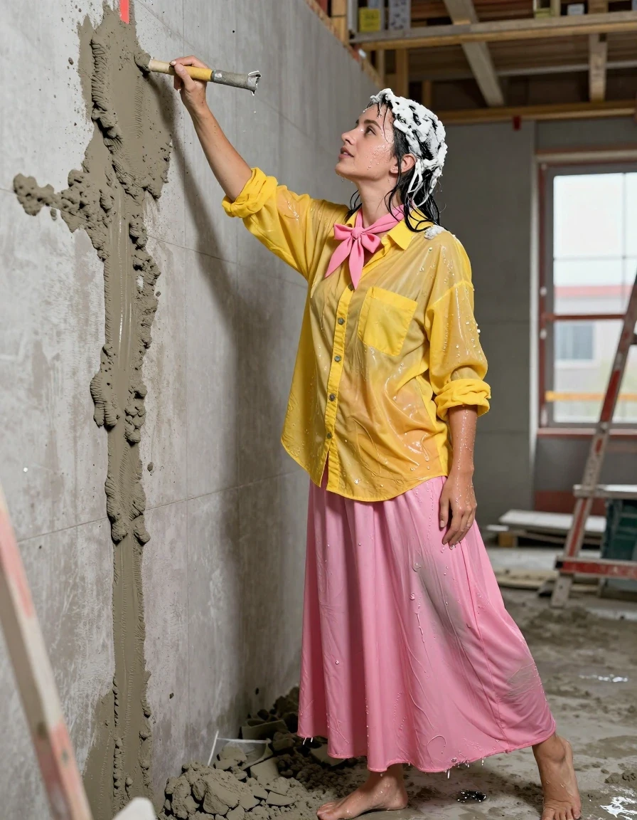 photo of young woman, in soaking wet, drenched clothes,
Barefeet, pink maxi skirt, bowtie, yellow oversized long sleeved buttoned down men'sh shirt, contruction site, 
enjoying, wet clothes stuck to body,
detailed textures of the wet clothes, wet face, wet plastered hair,
wet, drenched, professional, high-quality details, full body view.
sharp focus, ultra-high pixel detail, realistic, high-quality, full colors, incredibly detailed, 4k, 8k, 16k, hyper-realistic, RAW photo, masterpiece, ultra-detailed, professionally color graded, professional photograph, joyfully building a wall, clothes are covered in cement, wet skin, wet clothes, damp fabric