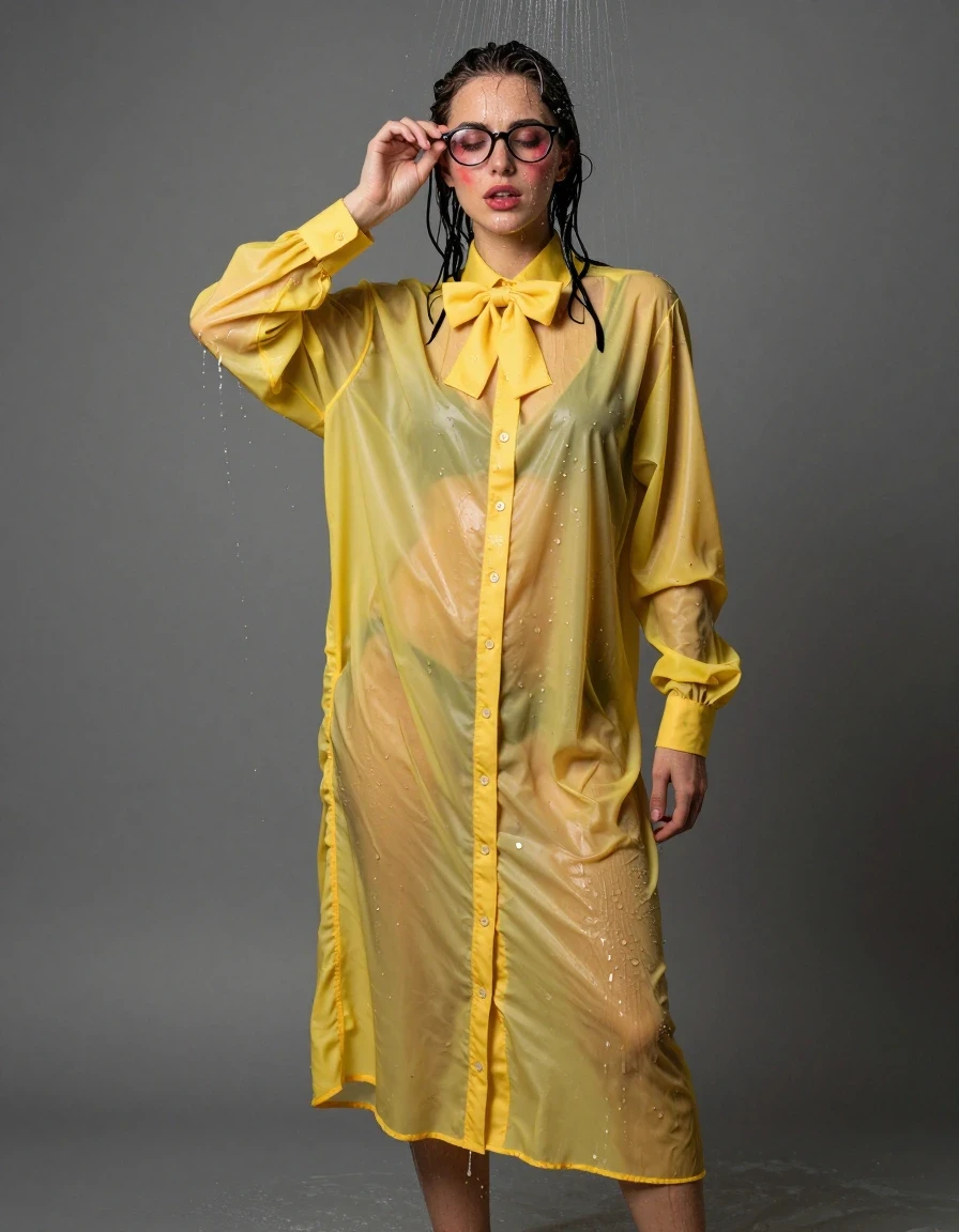 photo of young woman, in soaking wet, drenched clothes,
Barefeet, glasses, yellow extremely oversized long sleeved maxi buttoned down dress, bowtie, glasses, yellow extremely oversized long sleeved maxi buttoned down dress, bowtie, shower, 
enjoying, wet clothes stuck to body,
detailed textures of the wet clothes, wet face, wet plastered hair,
wet, drenched, professional, high-quality details, full body view.
sharp focus, ultra-high pixel detail, realistic, high-quality, full colors, incredibly detailed, 4k, 8k, 16k, hyper-realistic, RAW photo, masterpiece, ultra-detailed, professionally color graded, professional photograph, clumsily applying make-up, rouge, wet skin, wet clothes, damp fabric