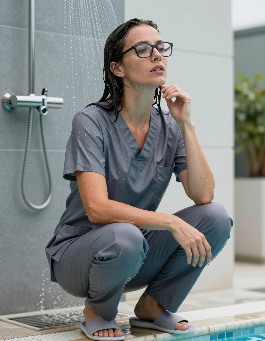photo of young woman, in soaking wet, drenched clothes,
slippers, gray scrubs, gray scrubs, on the edge of pool under shower, 
enjoying, wet clothes stuck to body,
detailed textures of the wet clothes, wet face, wet plastered hair,
wet, drenched, professional, high-quality details, full body view.
sharp focus, ultra-high pixel detail, realistic, high-quality, full colors, incredibly detailed, 4k, 8k, 16k, hyper-realistic, RAW photo, masterpiece, ultra-detailed, professionally color graded, professional photograph, europen brunette skinny woman 40 years old, long dark black hair, very big and thick lips, office glasses,  complete body, wet skin, wet clothes, damp fabric, wet skin, wet clothes, damp fabric, wet skin, wet clothes, damp fabric, wet skin, wet clothes, damp fabric, wet skin, wet clothes, damp fabric