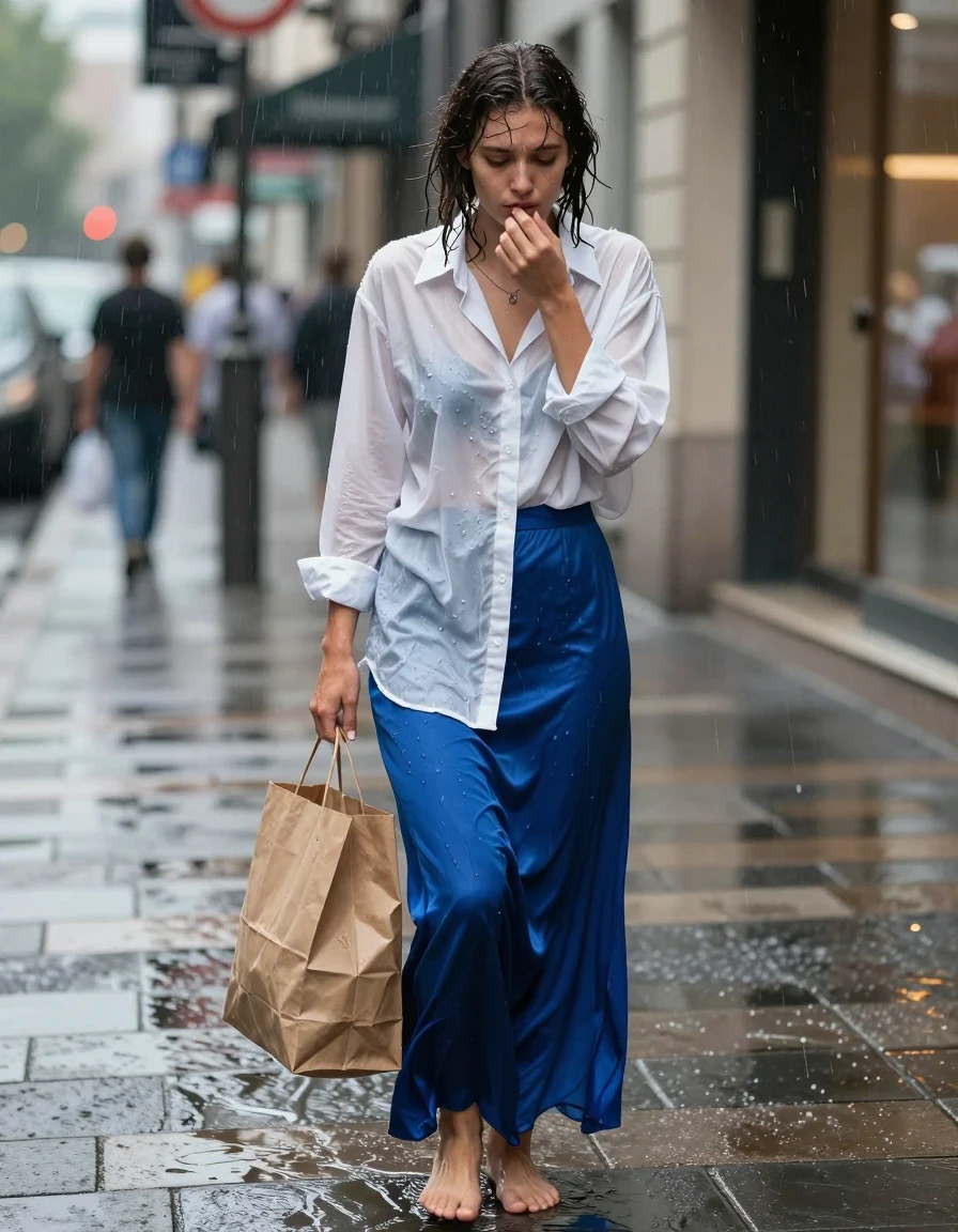 photo of young woman, in soaking wet, drenched clothes,
Barefeet, blue satin maxi skirt, top button is fastened, white kent collar oversized long sleeved buttoned down men'sh shirt, street, 
enjoying, wet clothes stuck to body,
detailed textures of the wet clothes, wet face, wet plastered hair,
wet, drenched, professional, high-quality details, full body view.
sharp focus, ultra-high pixel detail, realistic, high-quality, full colors, incredibly detailed, 4k, 8k, 16k, hyper-realistic, RAW photo, masterpiece, ultra-detailed, professionally color graded, professional photograph, bringing groceries during a huge storm in a paper bag, soaked, depressed, wet skin, wet clothes, damp fabric