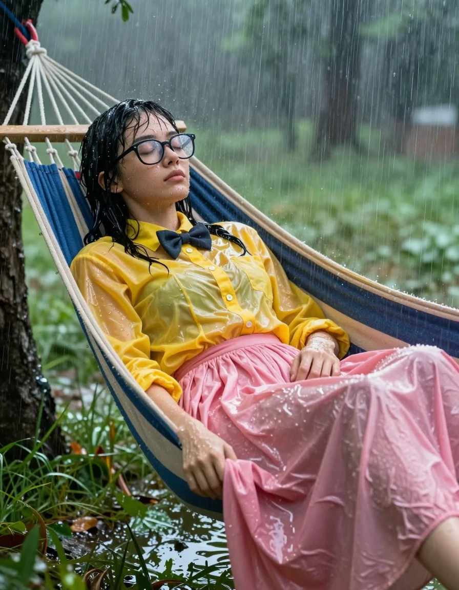 A photorealistic medium shot of a young adult European woman with a nerdy aesthetic, wearing thick-rimmed glasses, sleeping soundly in a hammock strung between two trees in a lush park during a torrential downpour. She is wearing an oversized yellow long-sleeved buttoned-down men's shirt adorned with a bowtie, and an oversized pink maxi skirt. The fabric of the shirt and skirt is thoroughly soaked, clinging to her form with heavy, water-logged folds and deep, saturated color shifts due to the intense rain. Her skin is glistening with water, and her hair is matted and dripping. The torrential rain creates a misty, atmospheric environment with visible rain streaks and heavy water sheen on all surfaces. The lighting is moody and overcast, emphasizing the wet textures, the weight of the water-saturated fabric, and the dramatic, glossy specular reflections on the rain-drenched clothes and skin. High-detail photography, cinematic composition, hyper-realistic wetness, raindrops splashing off the hammock, clear focus on the subject's peaceful expression amidst the storm.