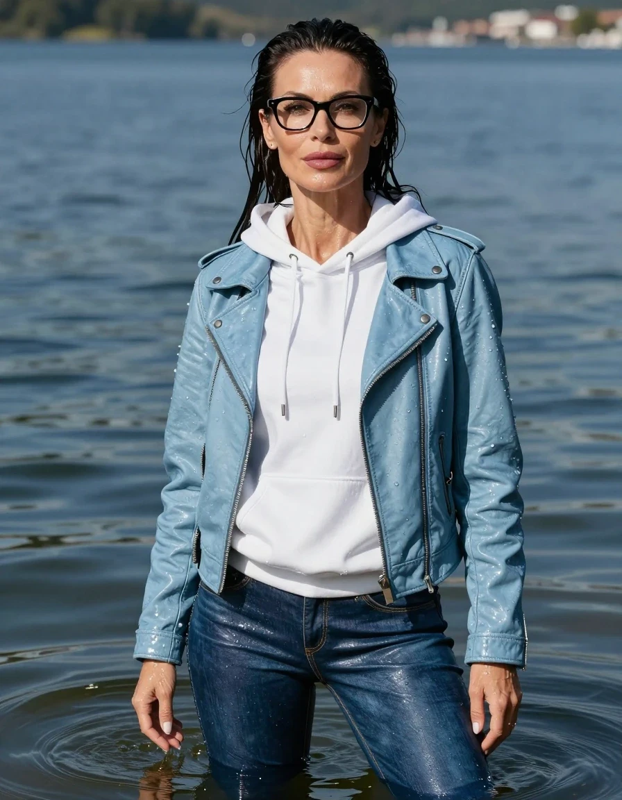 photo of young woman, in soaking wet, drenched clothes,
stilletto butts, long blue leather jeans, long white hoodie, maxi light blue denimleather  jacket, complete submerged under very deep sunny lake, 
enjoying, wet clothes stuck to body,
detailed textures of the wet clothes, wet face, wet plastered hair,
wet, drenched, professional, high-quality details, full body view.
sharp focus, ultra-high pixel detail, realistic, high-quality, full colors, incredibly detailed, 4k, 8k, 16k, hyper-realistic, RAW photo, masterpiece, ultra-detailed, professionally color graded, professional photograph, europen brunette skinny woman 40 years old, long dark black hair, very big and thick lips, office glasses, complete body, wet skin, wet clothes, damp fabric, wet skin, wet clothes, damp fabric, wet skin, wet clothes, damp fabric, wet skin, wet clothes, damp fabric, wet skin, wet clothes, damp fabric