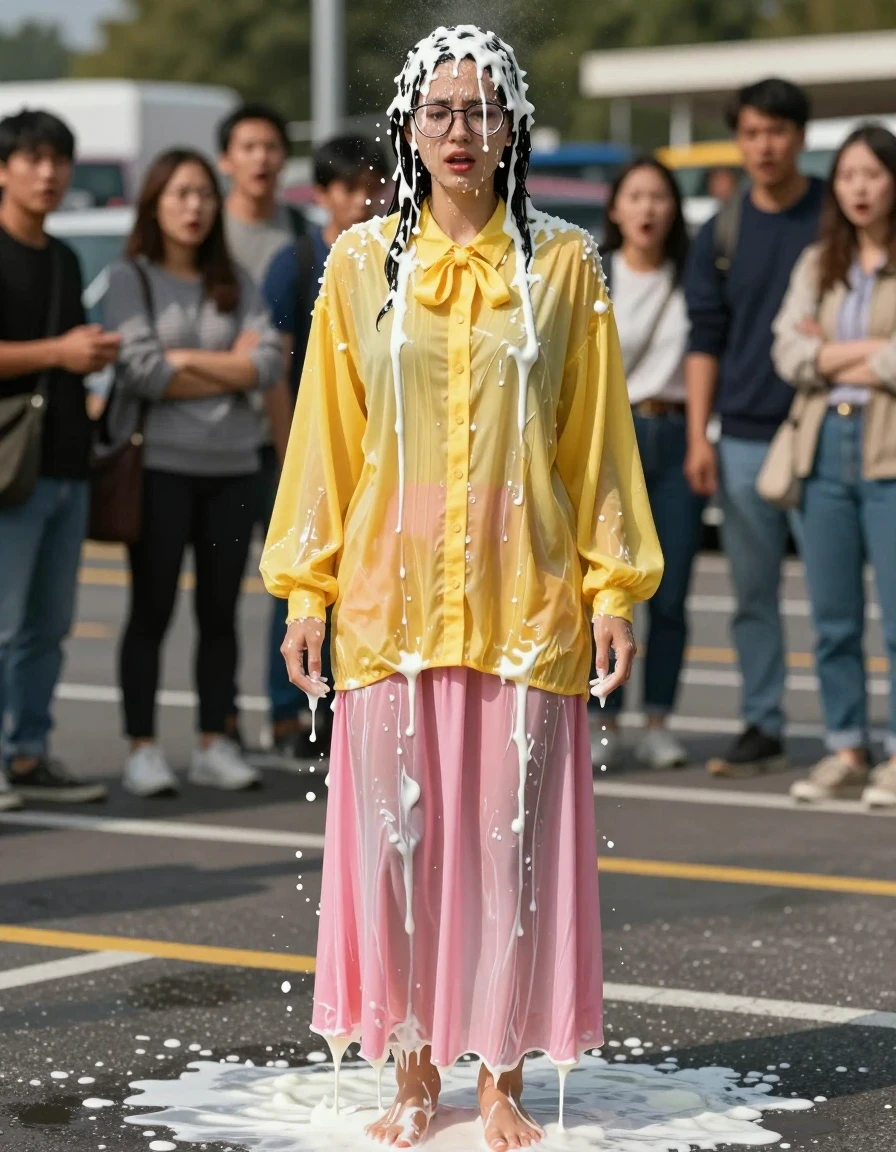 A photorealistic medium shot of a young adult European woman standing in a sunny supermarket parking lot, wearing an extremely oversized yellow long-sleeved buttoned-down blouse with a bowtie and a flowing pink maxi skirt, barefoot. The woman is drenched in white milk, with the liquid dripping heavily from her hair, face, and clothes. The yellow blouse is saturated, clinging to her skin, becoming translucent and heavy with wetness, while the pink maxi skirt is soaked through, darkened, and clinging to her legs with visible heavy folds and wet texture. She has a dazed expression, glasses wet and streaked with milk, as a crowd of shoppers in the blurred background stares at her in shock. The scene is captured in high-detail 8k, with realistic light scattering through the milk-soaked fabric, glossy specular highlights on her wet skin and clothing, sharp focus on the textures of the saturated fabric, and a cinematic depth of field.