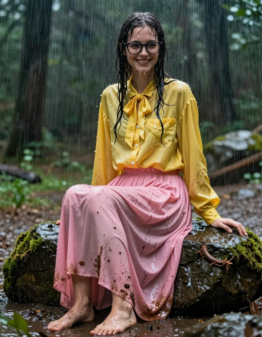 A photorealistic portrait of a young adult European woman with a nerdy look, wearing thick-rimmed glasses, sitting on a mossy rock in a dense forest during a torrential downpour. She is wearing an oversized yellow long-sleeved buttoned-down blouse with a bowtie and an oversized pink maxi skirt. The clothing is heavily drenched, clinging to her frame, with the fabric darkened and saturated by the heavy rain. Her bare feet are exposed, resting on the wet, muddy ground. She is smiling warmly despite the weather. The scene is characterized by mud splatters on her clothes and skin, water streaming down her hair and face, and a high-sheen wet look on the fabric folds. Cinematic lighting, hyper-detailed skin textures, atmospheric rain droplets, high-contrast wet environment, 8k resolution, captured on 35mm lens, sharp focus on subject.