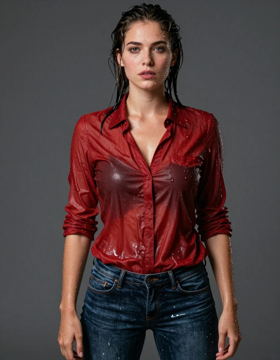 photo of young woman, in soaking wet, drenched clothes,
jeans, red shirt, , 
enjoying, wet clothes stuck to body,
detailed textures of the wet clothes, wet face, wet plastered hair,
wet, drenched, professional, high-quality details, full body view.
sharp focus, ultra-high pixel detail, realistic, high-quality, full colors, incredibly detailed, 4k, 8k, 16k, hyper-realistic, RAW photo, masterpiece, ultra-detailed, professionally color graded, professional photograph, wet skin, wet clothes, damp fabric
