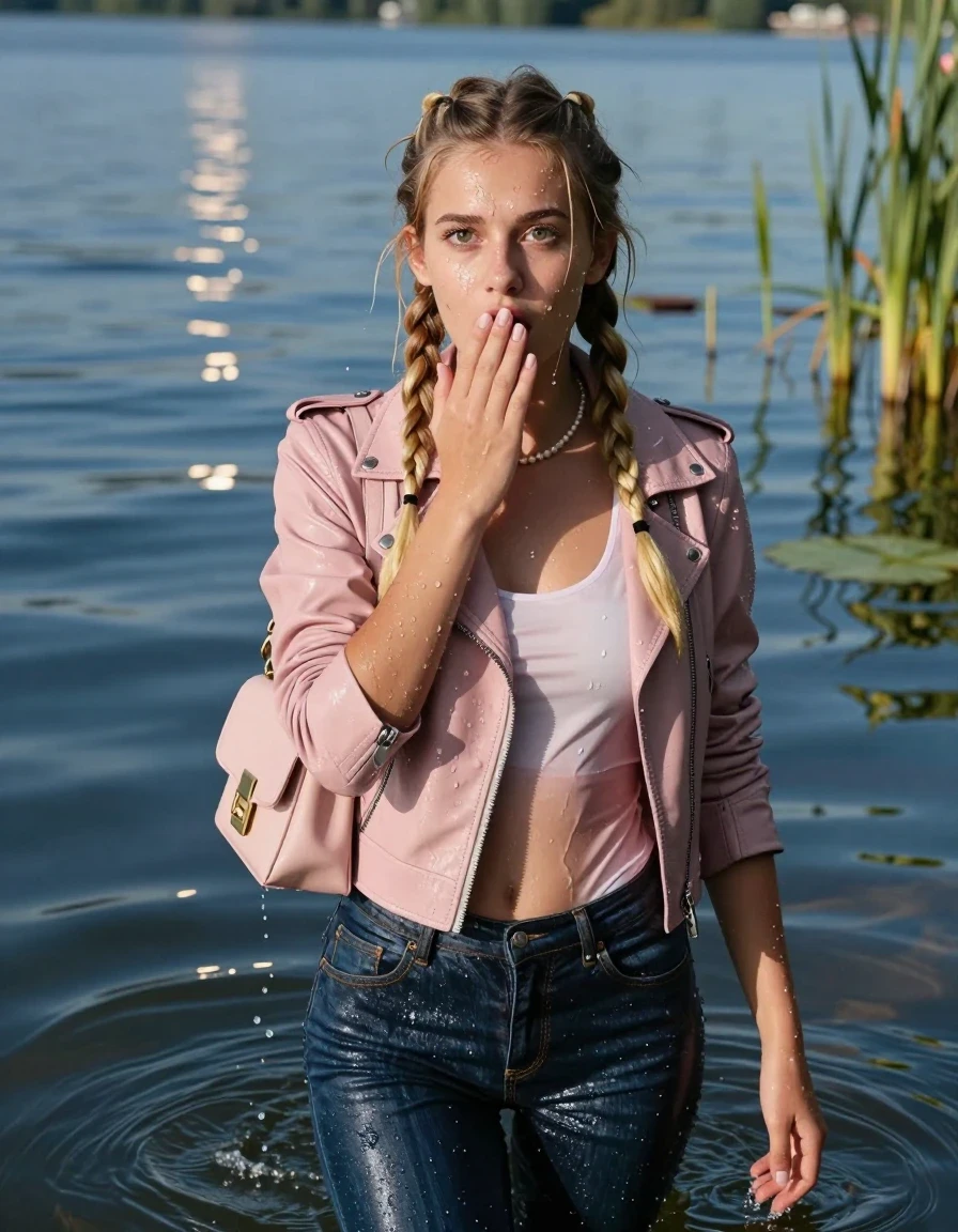 photo of young woman, in soaking wet, drenched clothes,
, Glistening soaked tight skinny jeans, Glistening soaked  light pink biker leatherjacket, tight sexy tshirt with wide neckline belly free, smal shoulderbag, pearl necklace, bracelet, Lake with water lilies and reeds, 
enjoying, wet clothes stuck to body,
detailed textures of the wet clothes, wet face, wet plastered hair,
wet, drenched, professional, high-quality details, full body view.
sharp focus, ultra-high pixel detail, realistic, high-quality, full colors, incredibly detailed, 4k, 8k, 16k, hyper-realistic, RAW photo, masterpiece, ultra-detailed, professionally color graded, professional photograph, View from behind: A realistic vertical fashion photograph of an  15-year-old teenage Girl emerge after a dip in a clear blue lake. 
wet plastered hair. Two long blonde braids. Afraid and astonished. Looking up at camera. Hold a hand on her mouth. Open mouth, big eyes. She soak her shoulderbag in the water. The girl is positioned in the center of the frame, her head and shoulders visible above the shimmering water surface, while her body and legs are submerged below. Natural sunlight creates sparkling reflections on the water's surface. High-quality fashion photography, sharp focus on her face, cinematic lighting.
The lighting is bright and cinematic, highlighting the glistening water droplets on her skin and the saturated texture of her clothes.

her clothes are heavy from the water, water runs from her body and her clothes in streams. A lot of water also runs out of her clothes. Her clothes are darkened by the water. Her submerged clothes are clinging wet. 
soft atmospheric lighting reflecting off the surface, cinematic medium shot, hyper-realistic wetness, high-contrast water sheen, 8k resolution, sharp focus, wet skin, wet clothes, damp fabric, wet skin, wet clothes, damp fabric, wet skin, wet clothes, damp fabric, wet skin, wet clothes, damp fabric, wet skin, wet clothes, damp fabric