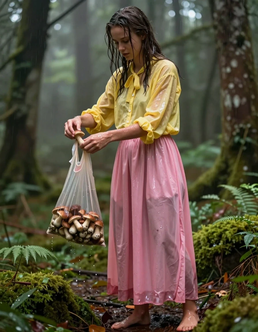 A photorealistic medium shot of a young adult European woman with wet, rain-slicked hair and glistening skin, standing in a lush, misty forest. She is wearing a yellow oversized long-sleeved buttoned-down blouse with a bowtie, and an oversized pink maxi skirt that is heavy, clinging, and translucent from being soaked through with water, showing deep saturated tones and heavy wet folds. She is barefoot, with her feet pressing into the damp, mossy forest floor. She is actively picking mushrooms and placing them into a soaked, dripping-wet nylon bag that clings to her arm. The lighting is soft and diffused, highlighting the glossy sheen of the water on her skin, the saturated fabric of her clothing, and the moisture-laden environment. The image is captured with high-detail textures, realistic water physics, and a shallow depth of field.