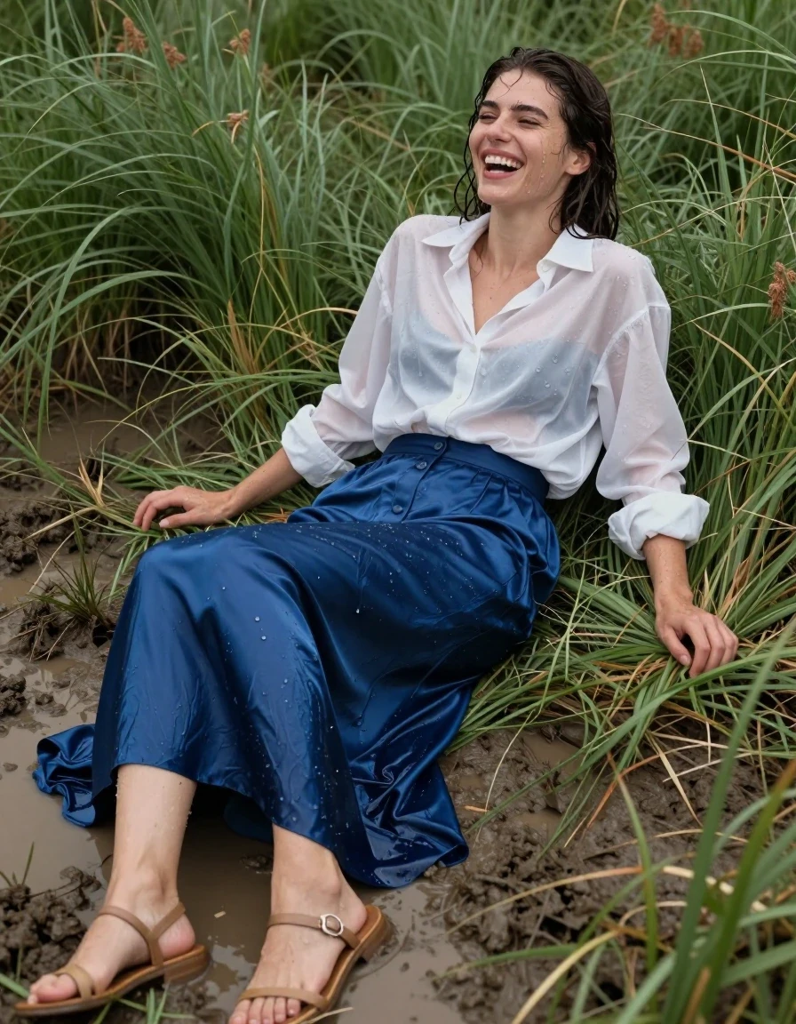 photo of young woman, in soaking wet, drenched clothes,
sandals, blue satin maxi skirt, top button is fastened, white kent collar oversized long sleeved buttoned down men's shirt, grass, 
enjoying, wet clothes stuck to body,
detailed textures of the wet clothes, wet face, wet plastered hair,
wet, drenched, professional, high-quality details, full body view.
sharp focus, ultra-high pixel detail, realistic, high-quality, full colors, incredibly detailed, 4k, 8k, 16k, hyper-realistic, RAW photo, masterpiece, ultra-detailed, professionally color graded, professional photograph, laying in a muddy puddle laughing, wet skin, wet clothes, damp fabric