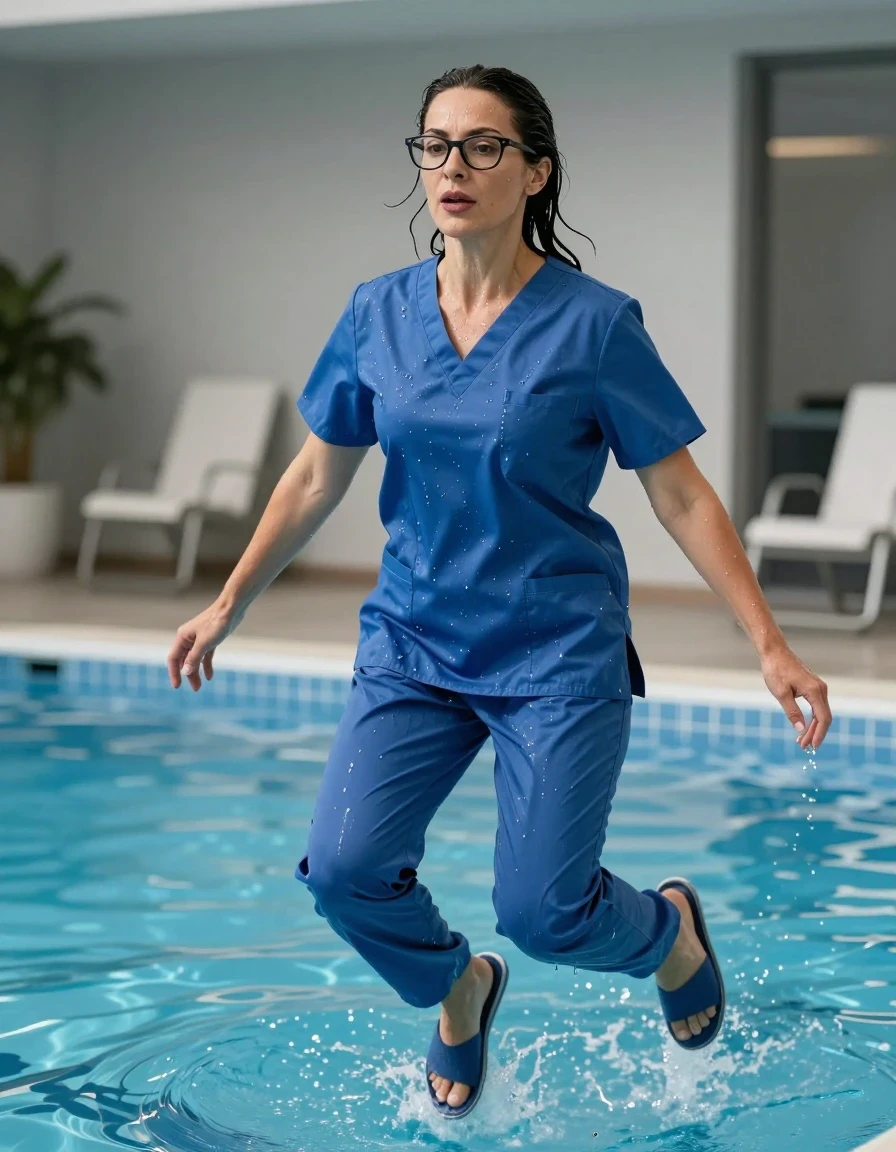 photo of young woman, in soaking wet, drenched clothes,
slippers, blue scrubs, blue scrubs, jumping in pool, 
enjoying, wet clothes stuck to body,
detailed textures of the wet clothes, wet face, wet plastered hair,
wet, drenched, professional, high-quality details, full body view.
sharp focus, ultra-high pixel detail, realistic, high-quality, full colors, incredibly detailed, 4k, 8k, 16k, hyper-realistic, RAW photo, masterpiece, ultra-detailed, professionally color graded, professional photograph, europen brunette skinny woman 40 years old, long dark black hair, very big and thick lips, office glasses, complete body, wet skin, wet clothes, damp fabric, wet skin, wet clothes, damp fabric, wet skin, wet clothes, damp fabric, wet skin, wet clothes, damp fabric, wet skin, wet clothes, damp fabric