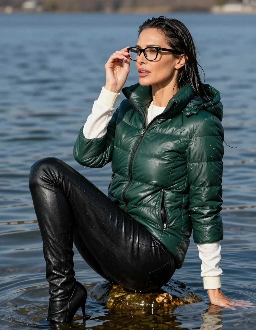 photo of young woman, in soaking wet, drenched clothes,
stilletto butts, long black leather jeans, long white sweater with long sleeves, maxi dark green winter down jacket, complete submerged under sunny very deep lake, 
enjoying, wet clothes stuck to body,
detailed textures of the wet clothes, wet face, wet plastered hair,
wet, drenched, professional, high-quality details, full body view.
sharp focus, ultra-high pixel detail, realistic, high-quality, full colors, incredibly detailed, 4k, 8k, 16k, hyper-realistic, RAW photo, masterpiece, ultra-detailed, professionally color graded, professional photograph, europen brunette skinny woman 40 years old, long dark black hair, very big and thick lips, office glasses, complete body, wet skin, wet clothes, damp fabric, wet skin, wet clothes, damp fabric, wet skin, wet clothes, damp fabric, wet skin, wet clothes, damp fabric, wet skin, wet clothes, damp fabric
