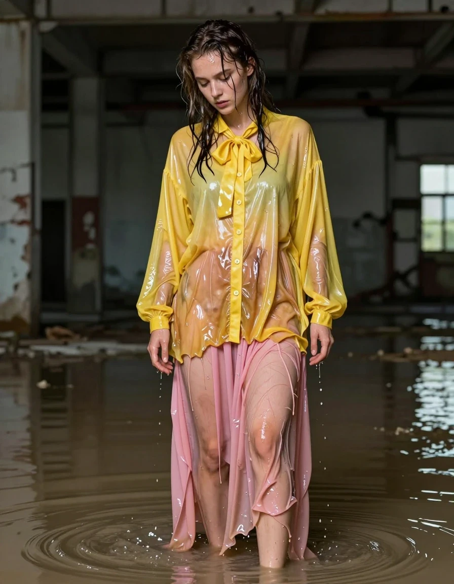 A photorealistic medium shot of a young adult European woman with wet, damp hair and glistening wet skin in an abandoned flooded warehouse. She is wearing a yellow, extremely oversized, long-sleeved buttoned-down blouse with a bowtie, and a pink maxi skirt. The clothing is heavily soaked and clings to her body, with the fabric darkened by water, showing heavy wet folds, saturated textures, and strong glossy specular reflections. She is barefoot, actively covering herself in the murky, dirty water of the flooded floor. The warehouse environment is gritty and industrial, with water sheen on the floor and walls. The lighting is moody and natural, highlighting the dripping wet fabric and the contrast between the vibrant, water-logged clothing and the dark, decaying surroundings. High resolution, cinematic composition, hyper-detailed textures, realistic water physics.