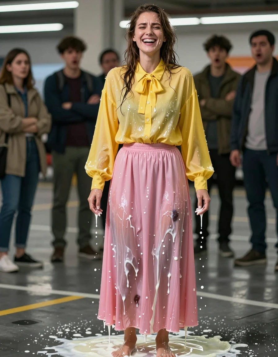 A photorealistic full-body shot of a young adult European woman standing in a supermarket parking lot, caught in a moment of public embarrassment. She is wearing an extremely oversized, long-sleeved, buttoned-down yellow blouse with a bowtie and a pink maxi skirt, both garments are completely drenched, clinging to her body, and saturated with milk, showing heavy fabric folds, dark translucent patches, and a heavy, weighted appearance. She is barefoot, with wet skin and hair, and milk dripping from her clothes and face. She is laughing hysterically despite the situation, while onlookers in the background are staring at her with confused and shocked expressions. The lighting is bright, harsh daylight, accentuating the glossy sheen of the milk on her skin and the damp, clingy texture of the fabric. High-resolution photography, 8k, sharp focus on the subject, shallow depth of field, cinematic composition.