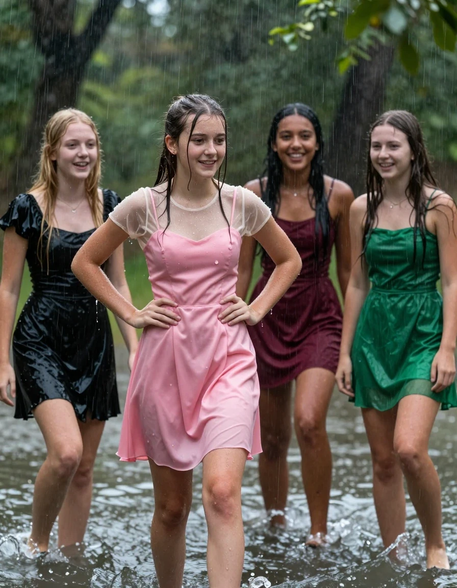 photo of young woman, in soaking wet, drenched clothes,
, , dress, 4.college girls playing in a flooded forest in the heavy rain , 
enjoying, wet clothes stuck to body,
detailed textures of the wet clothes, wet face, wet plastered hair,
wet, drenched, professional, high-quality details, full body view.
sharp focus, ultra-high pixel detail, realistic, high-quality, full colors, incredibly detailed, 4k, 8k, 16k, hyper-realistic, RAW photo, masterpiece, ultra-detailed, professionally color graded, professional photograph, Small young college girls both having fun together. All a similar age, a small nineteen year old girl, with a flat and slim body, skinny body, flat and skinny chest, a She has a wide square young face but a small very skinny waist and skinny legs, a very small chest and very small breasts, she is a pale brunette with ponytail and bangs. She has a small body, She is full of youthful energy. wearing a sheer sparkly cream see through t-shirt underneath a bright pink formal satin cocktail dress with a covered neckline. she has her hands on her hips,. Her friend has blonde hair and is quite skinny, ,a wide square face, she is wearing a fit black short sleeve coctail dress. The third girl is 19, with a tan complexion and dark black hair, she is wearing a maroon mini dress, The 4th girl is brunette with a small body and thin legs, she is wearing a green prom dress, all of them except the blonde girl have very small breasts. wet skin, wet clothes, damp fabric,, wet skin, wet clothes, damp fabric, wet skin, wet clothes, damp fabric, wet skin, wet clothes, damp fabric, wet skin, wet clothes, damp fabric