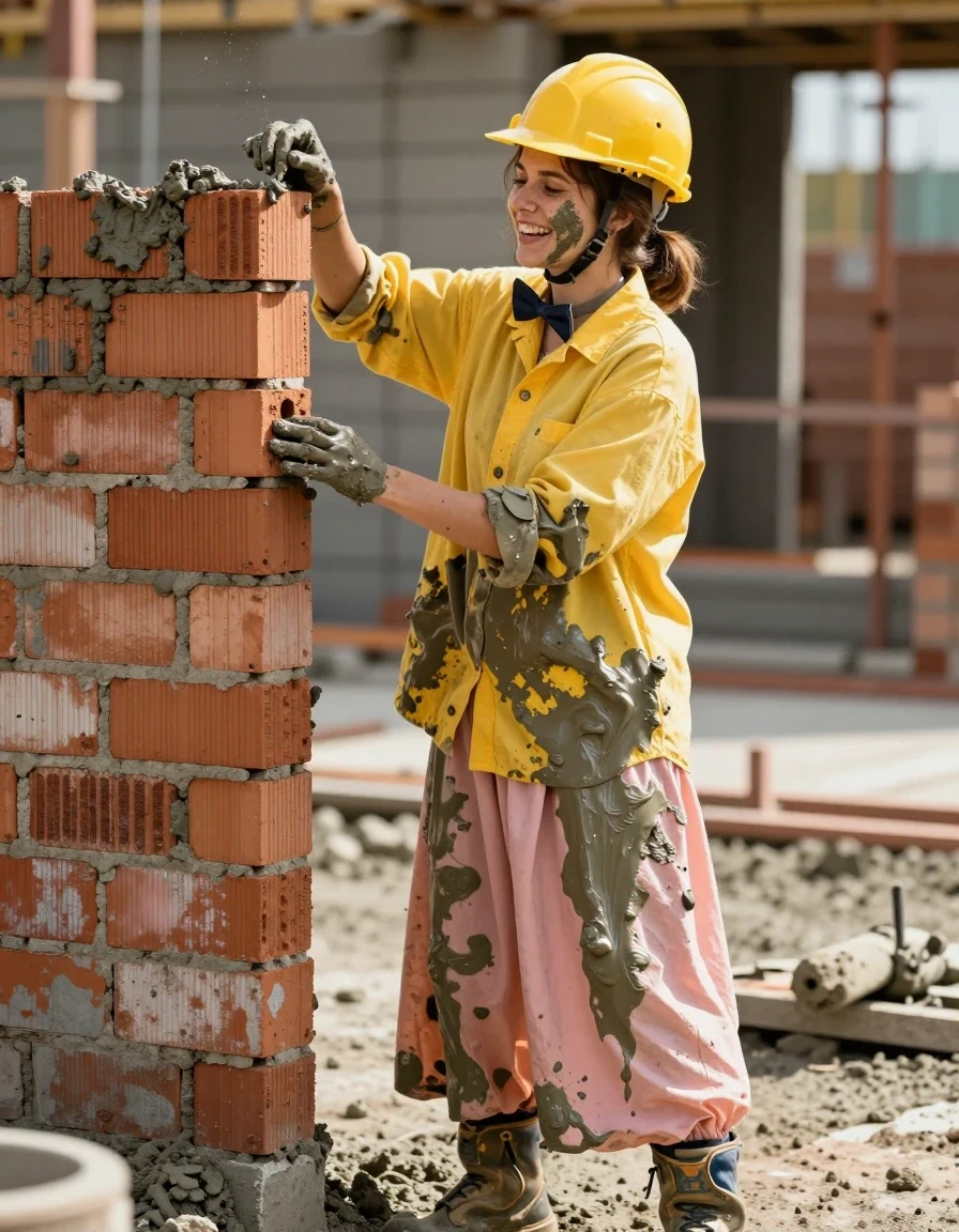 A photorealistic medium shot of a young adult European woman joyfully building a brick wall at a sunny construction site. She is wearing a yellow oversized long-sleeved buttoned-down men's shirt, a pink maxi skirt, and heavy-duty safety boots. A hardhat is perched on her head, and a bowtie is fastened at her collar. Her clothing is heavily splattered and saturated with wet, grey cement, with the fabric clinging to her frame and showing realistic heavy folds. The cement is wet and viscous, creating dark, heavy patches on the shirt and skirt. She has an expression of pure delight, her face and skin lightly smudged with wet construction debris. The lighting is bright and natural, highlighting the textures of the damp, heavy materials, the sheen on the wet cement, and the rugged environment of the brickwork in progress. High-resolution, sharp focus, cinematic depth of field.